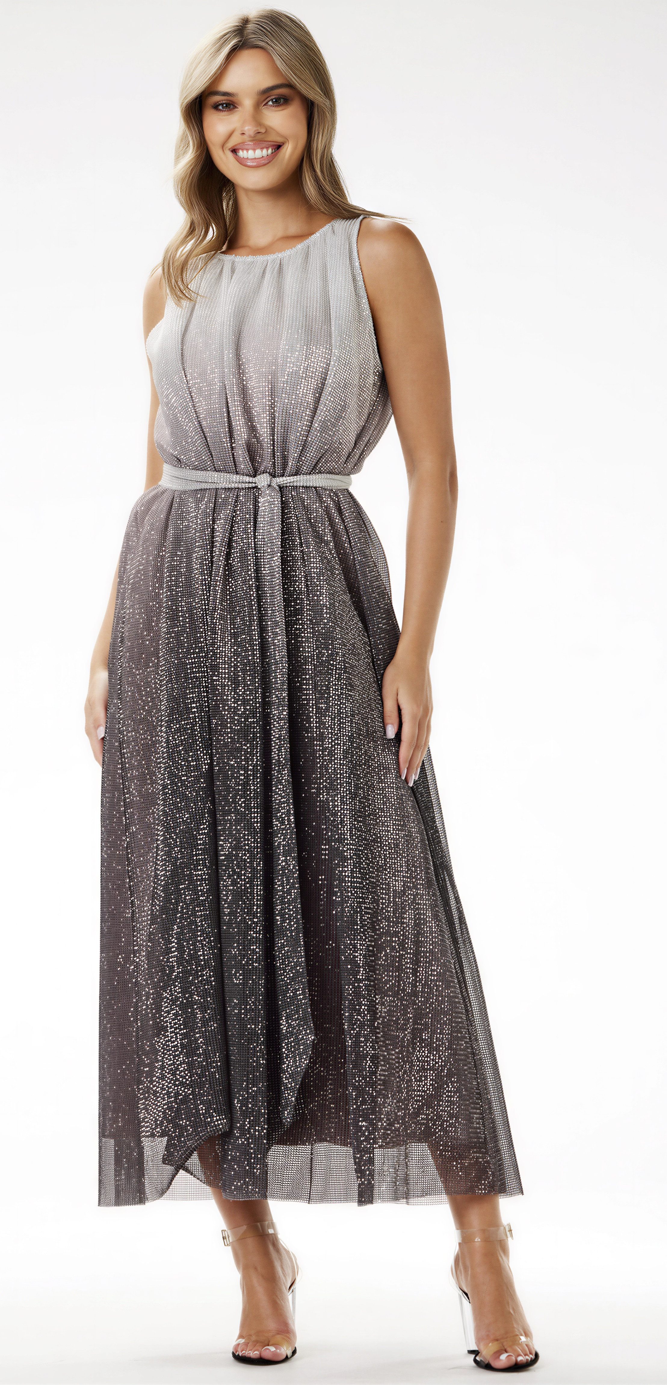 Awama Maxikleid mit Pailletten und Bindegürtel