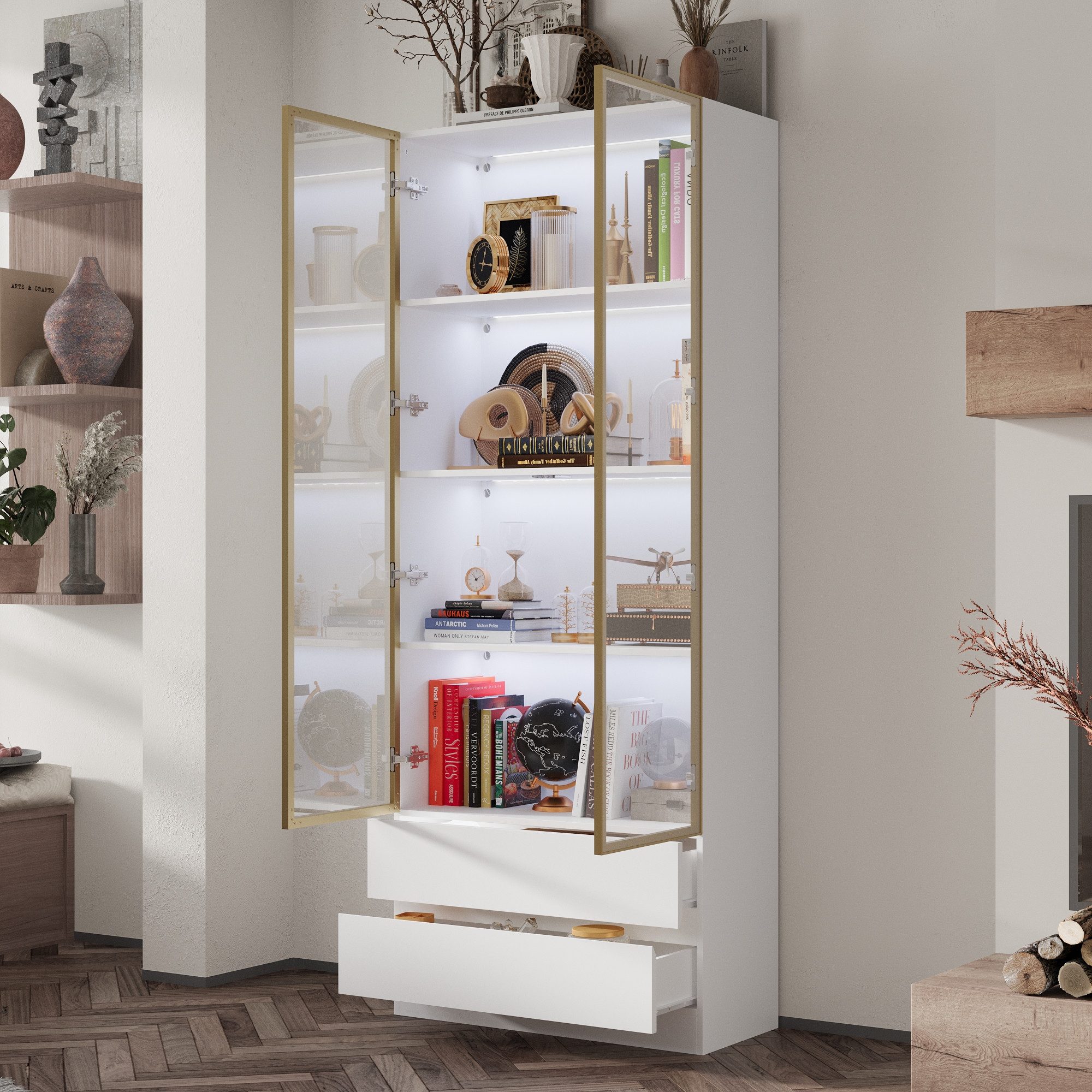 FUFU&GAGA Glasvitrine LED Sammlervitrine 175-200cm hoch, Push-to-Open, Weiß/Schwarz – Bild 4 von 5