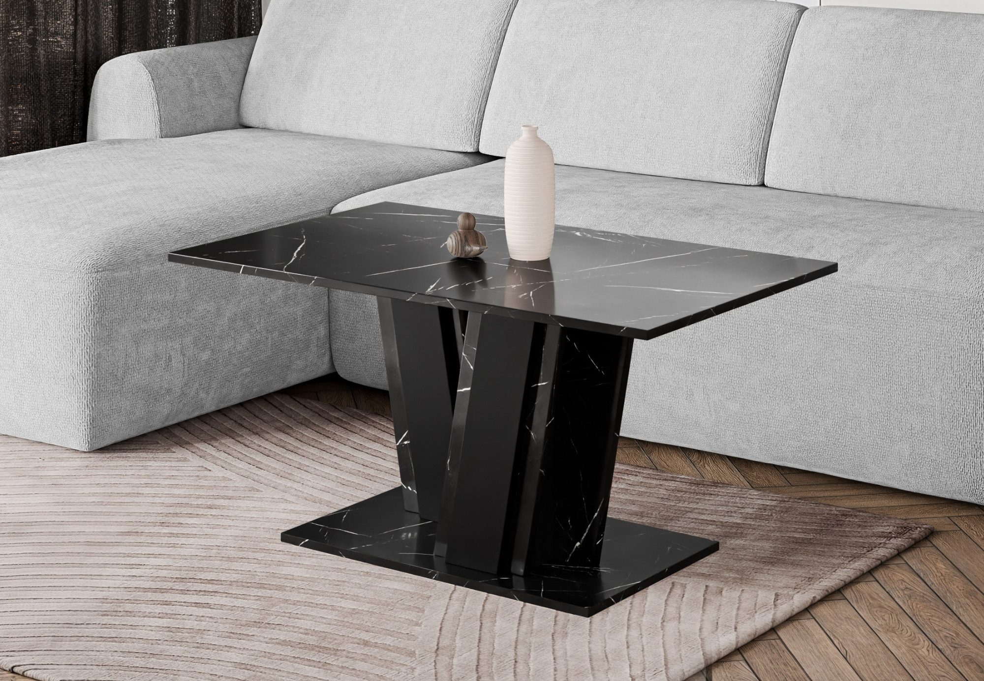Home Collective Couchtisch Beistelltisch Wohnzimmertisch Tisch Couch (Wohnzimmer Lounge Sofatisch), mit Doppel-Säulengestell, 100 x 60 cm Schwarz Marmor-Optik