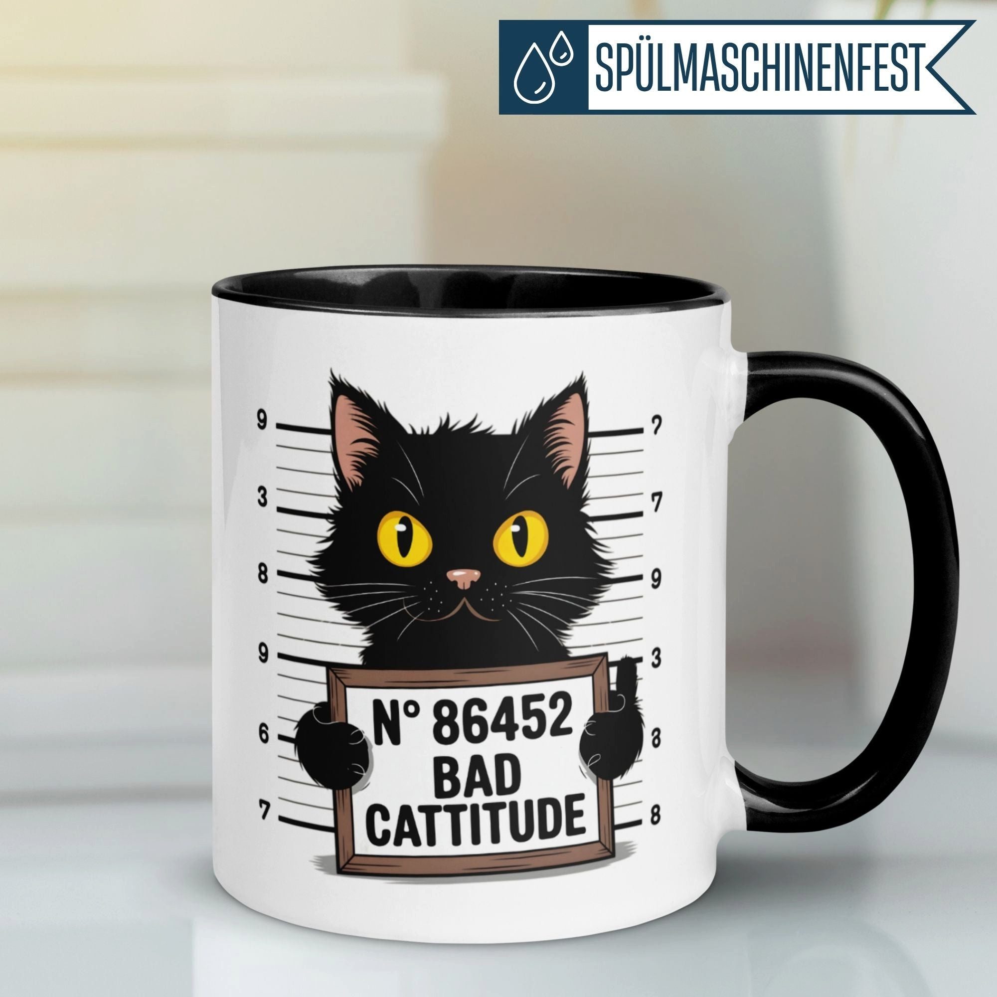 Momentals Tasse Katze – „Bad Cattitude“ – lustiger Katzen Geschenk Becher, Gratis Versand · Links-&Rechtshänder · Spülmaschinenfest