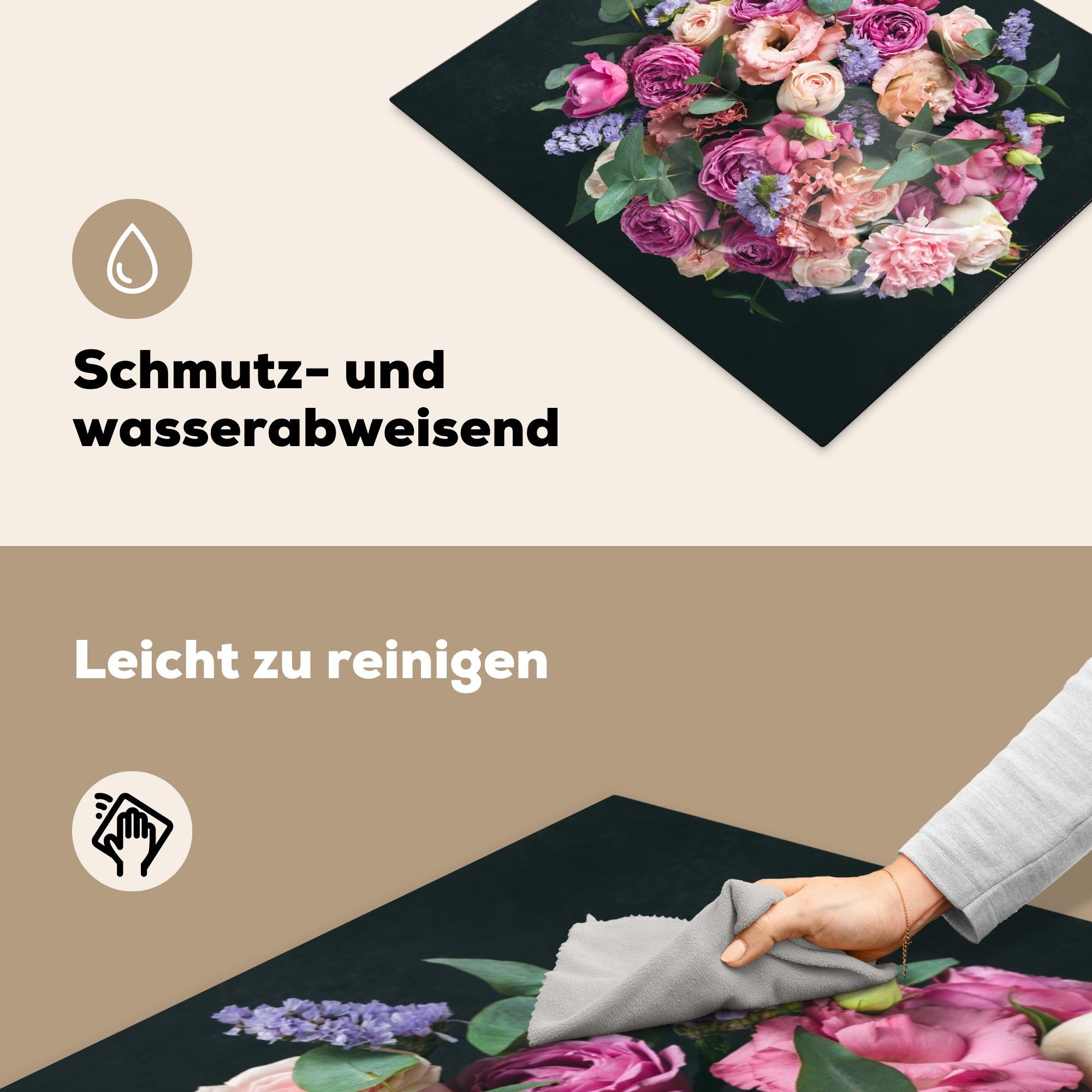 (1 cm, Blumen - - Ceranfeldabdeckung Rosa, 59x51 MuchoWow Induktionskochfeld, Herdblende-/Abdeckplatte Pastell tlg), Vinyl, Induktionsschutz,