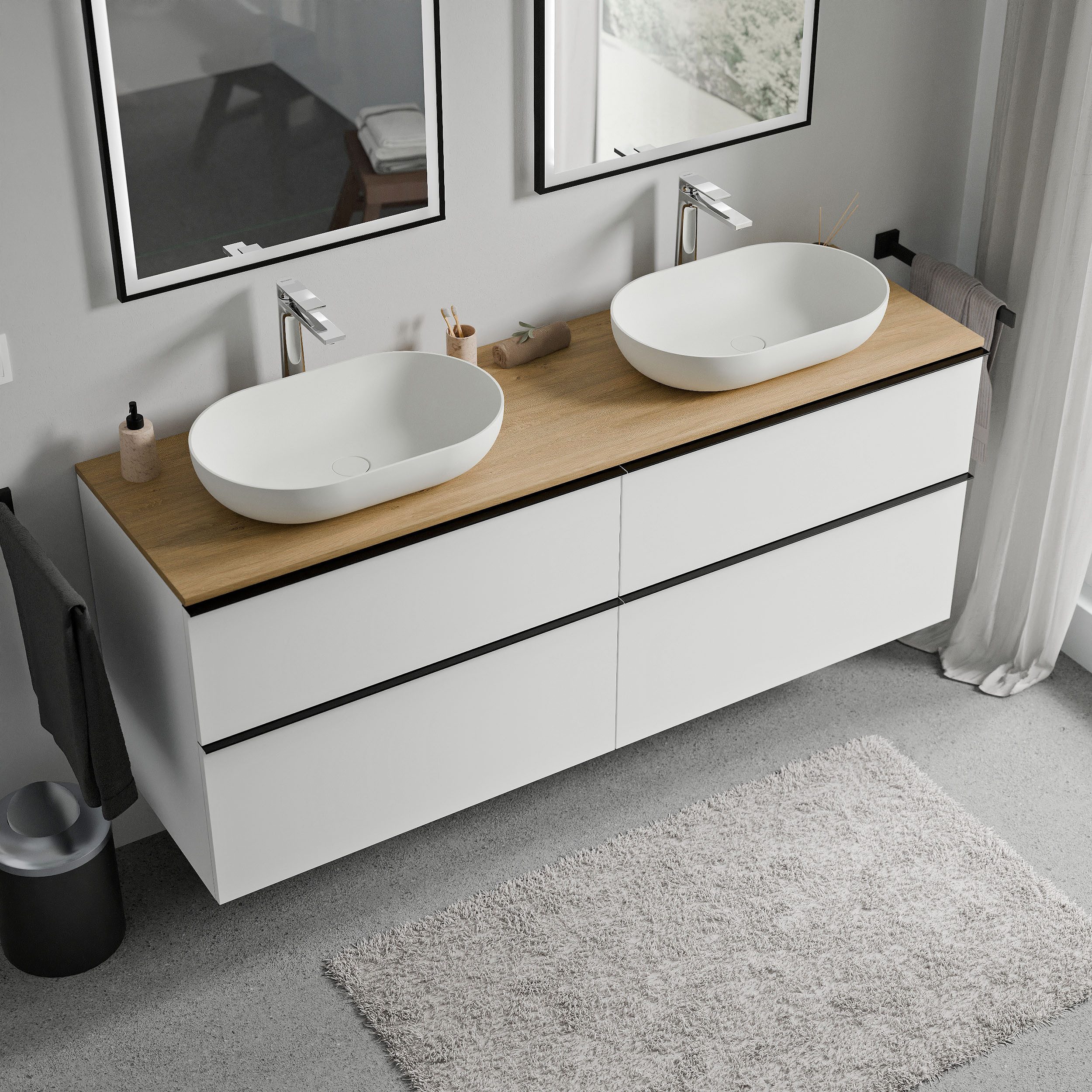Bernstein Waschbeckenunterschrank LAVOA 160cm Weiß matt PLATTE Eiche honiggold GRIFF Anthrazit matt Waschtischunterschrank mit Waschtischplatte 4 Schubladen
