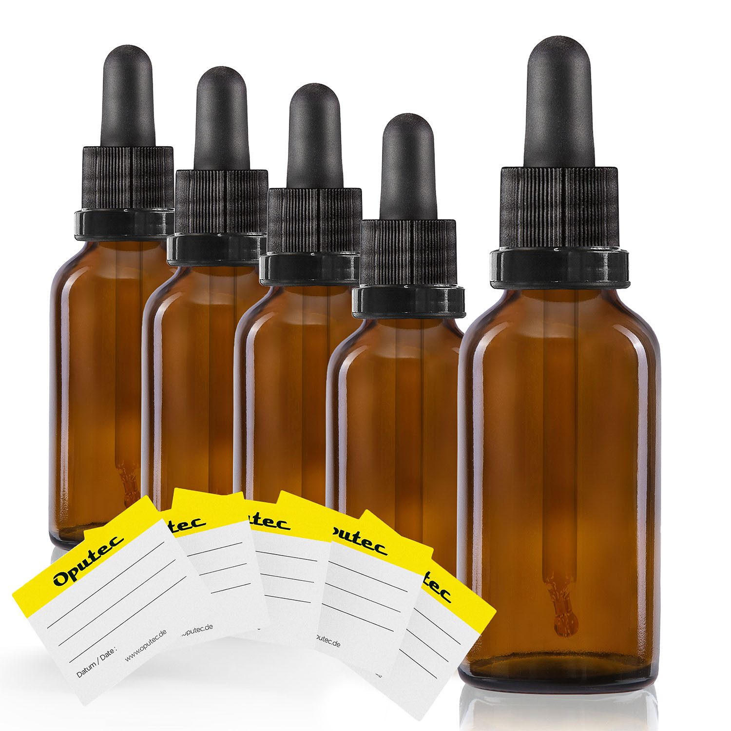 Oputec Pipettenflasche 5x 30ml Tropfflaschen aus Braunglas mit Glaskugel-Pipette +5 Etiketten (Sparset, 5x 30ml)