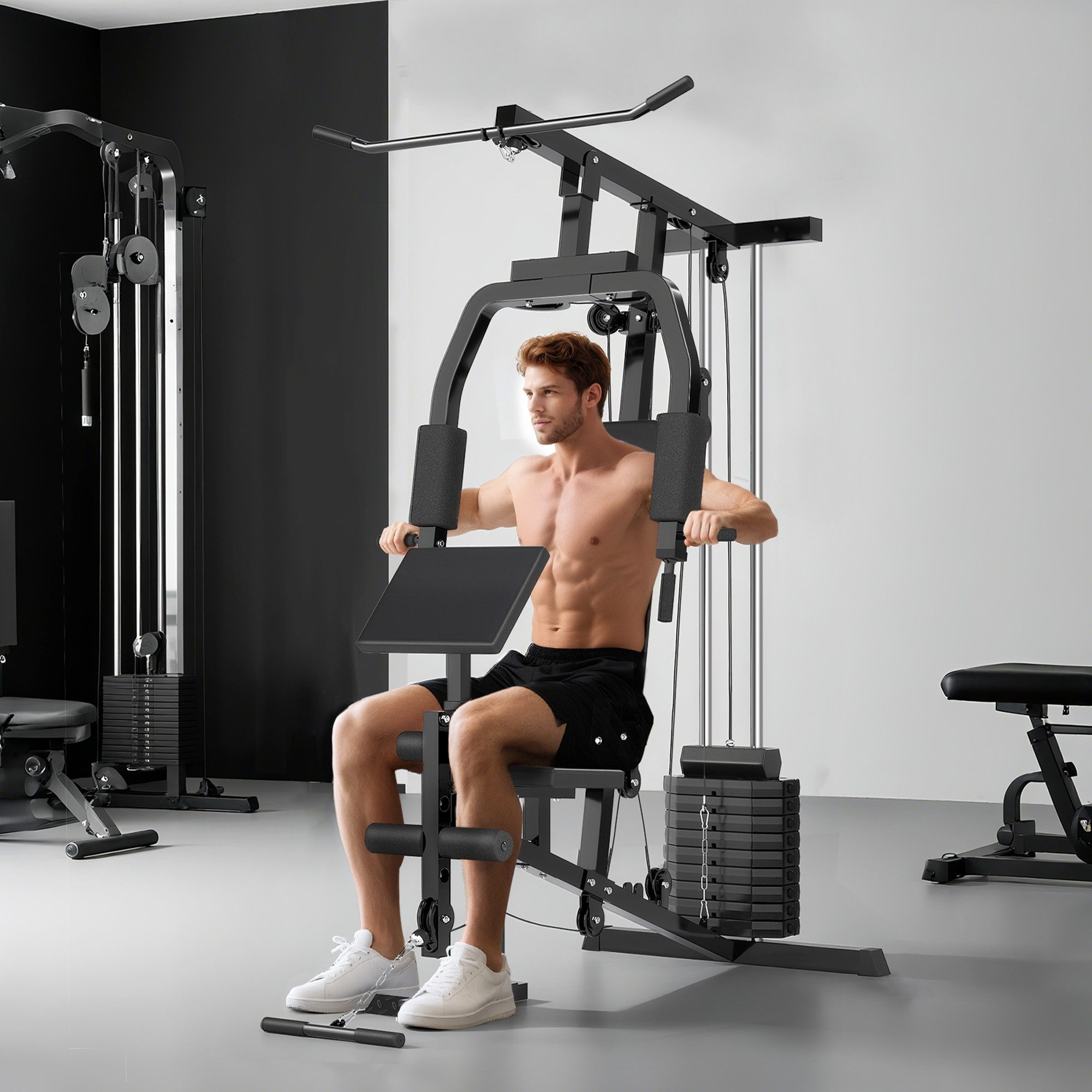 HOMCOM Kraftstation Fitnessstation mit Latzuggerät, Kabelzug, 45kg Gewichten, 10 Gewichtsblöcke (inkl. Gewichten mit Rollenpolsterung, 1-tlg., Stahl), Schwarz 148cm x 108cm x 207cm