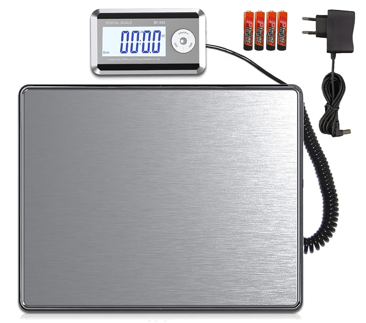 Zedelmaier Feinwaage Digitale Packetwaage Postwaage mit wandmontierbarem LCD-Display, (Wand Display Paketwaage), Briefwaage Bis 200kgs, d=50g, Edelstahlplatte