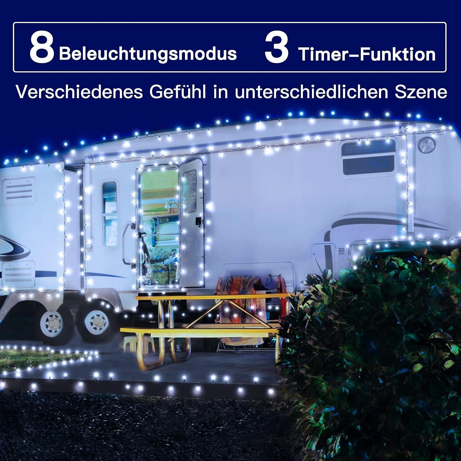 Ollny LED-Lichterkette, 500-flammig, 8 Modi mit IP44 Schutzklasse für Innen- und Außeneinsatz