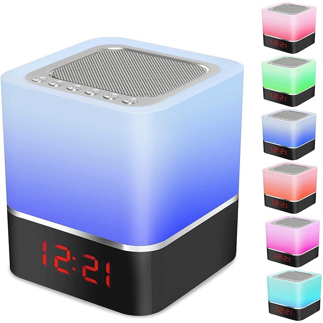 Jioson Bluetooth Lautsprecher Tragbarer Dimmbar Wecker Farbwechsel Nachtlicht mit Lithium-Akku, 11.4x9.8x9.8cm Lautsprecher (7 Lichtmodi Farben optional mit coolem Touch-Sensor-Design, für Outdoor, Zuhause und unterwegs)