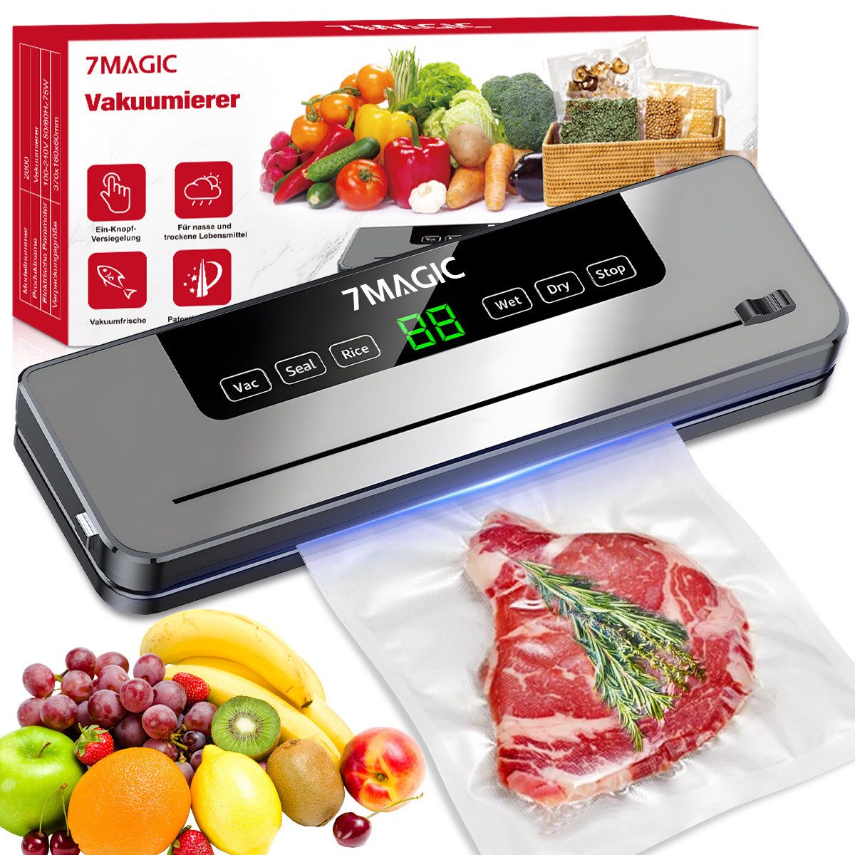 7MAGIC Вакуумные упаковщики Vakuumiergerät, Lebensmittel bis zu 10x länger frisch, Automatisch, Rollenbreite 30 cm, 110W, Folienschweißgerät mit Eingebauter Cutter, 10x Vakuumbeutel,Schlauch