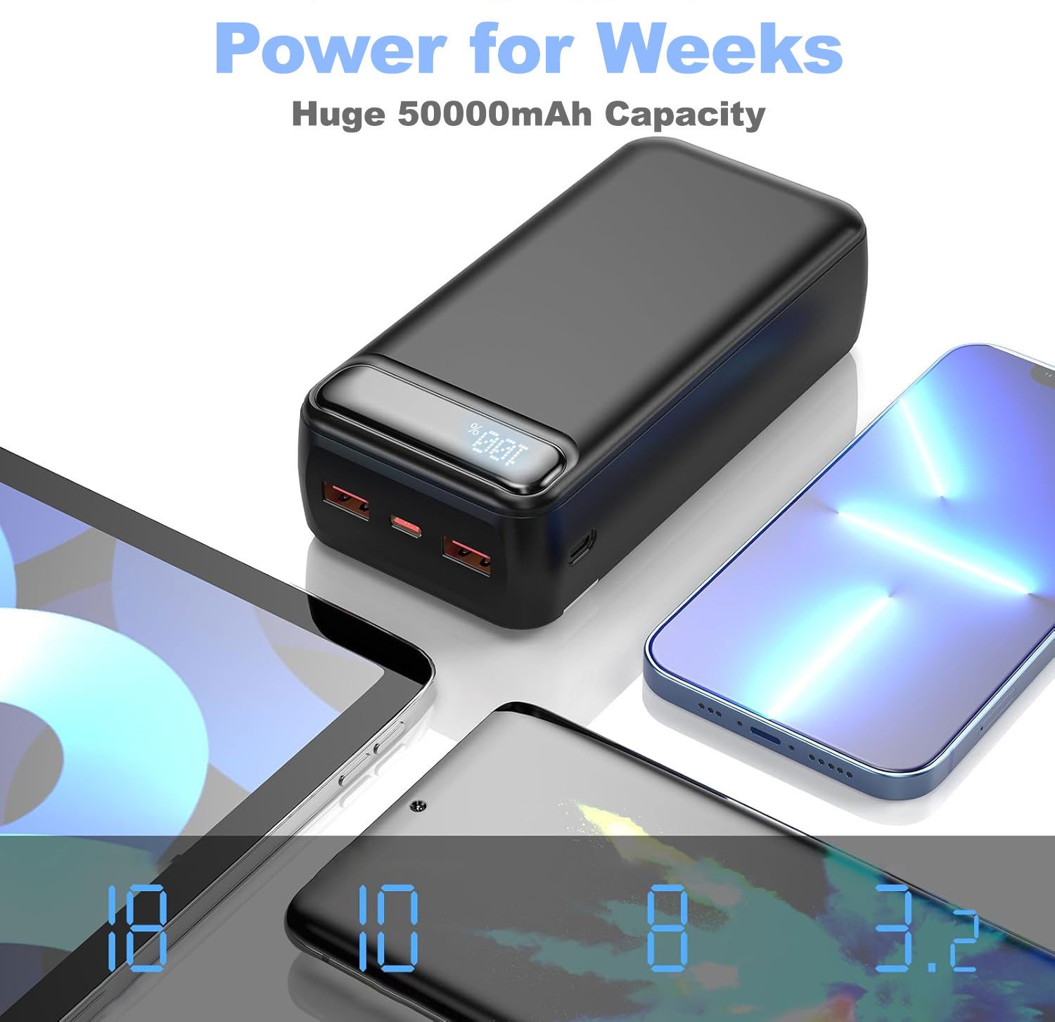Pdgrid 50000 mAh, 22,5 W, Schnellladefunktion, tragbare hoher Kapazität Powerbank 50000 mAh (3 V), 3 Eingänge: USB-A ×2 ; Typ-C ×1, Mit Beleuchtung und LED-Anzeige