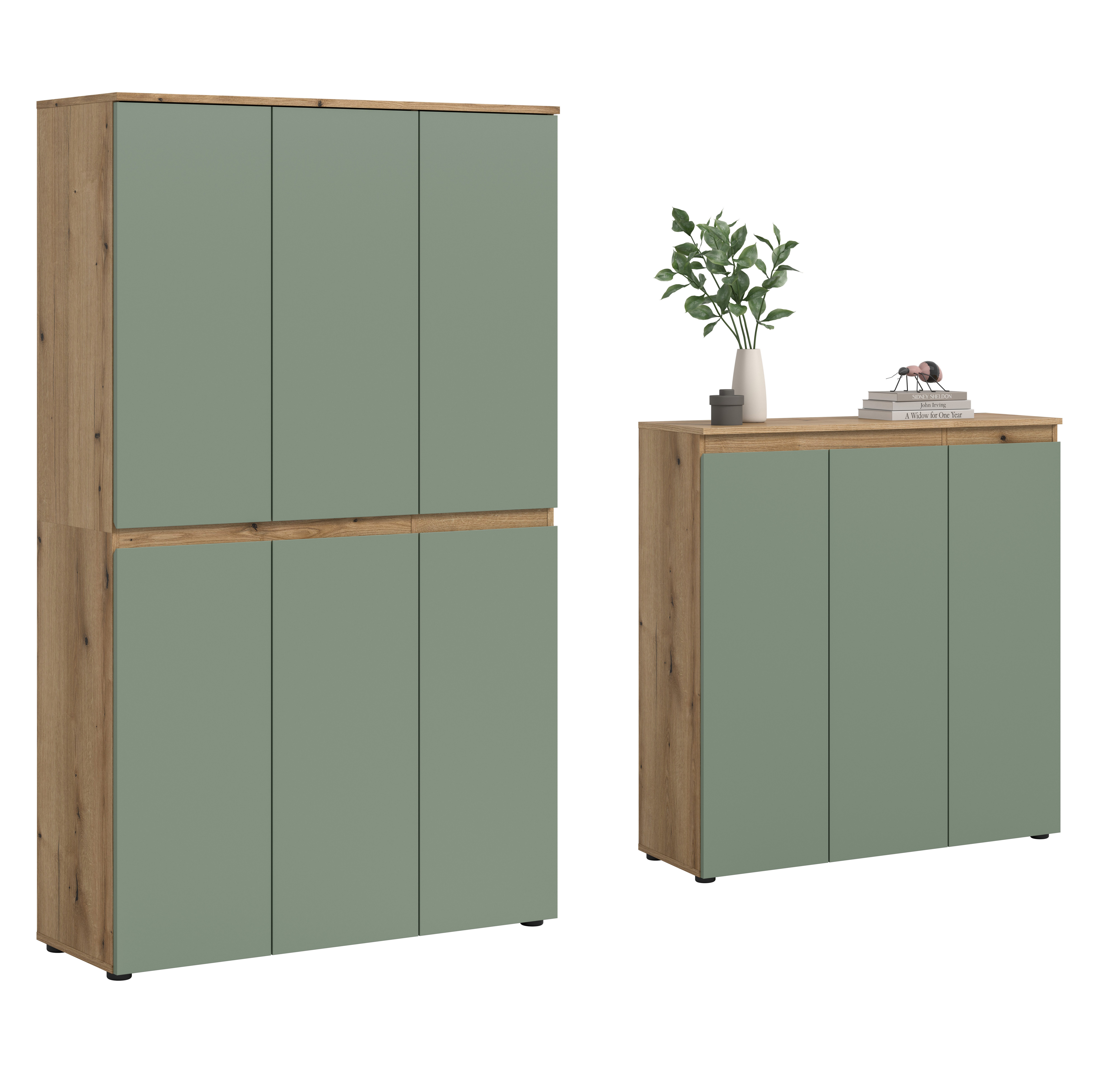furnling Mehrzweckschrank-Set Sarca - in 5 trendigen Farben, (2-St., bestehend aus Kommode, Universalschrank), 1 Kleiderstange, großzügiger Stauraum durch 28 Fächer, Breite 235 cm