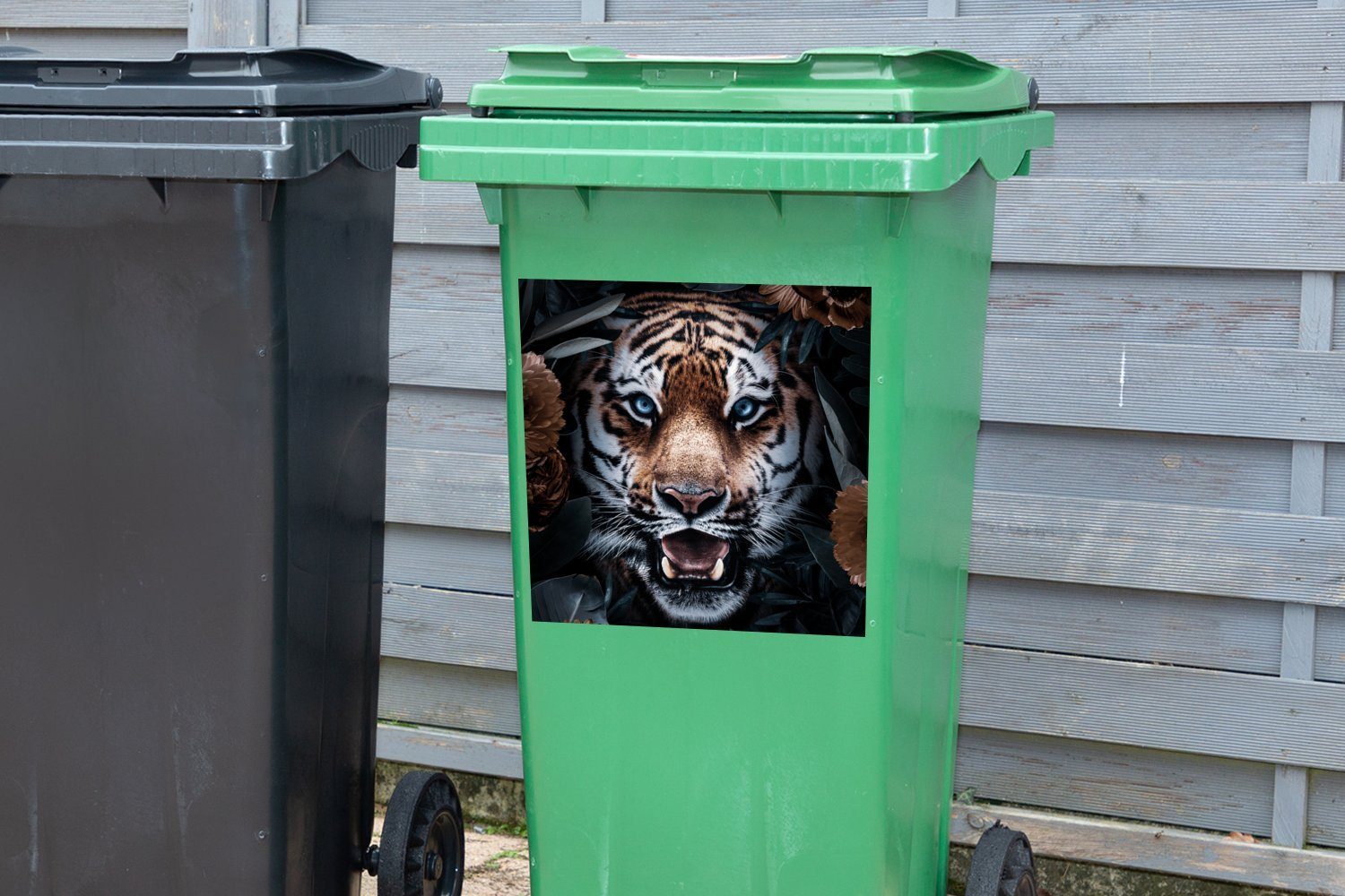 MuchoWow Wandsticker Tiger - Sticker, Blumen Mülltonne, Container, Mülleimer-aufkleber, - Abfalbehälter (1 St), Blatt