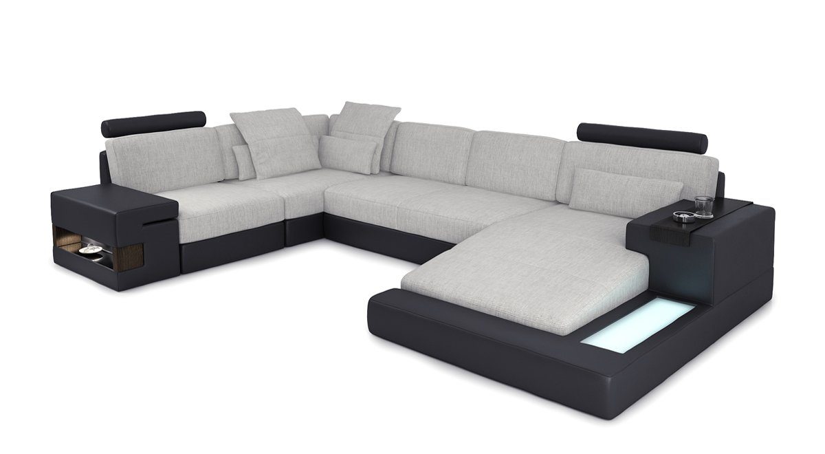 JVmoebel Ecksofa Wohnlanschaft Ecksofa Sofa Couch U Form Leder Textil Neu Bellini Grau Weiß/Blau