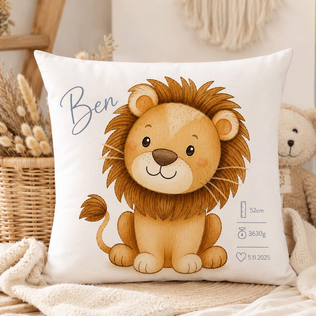 dubistda-WINDELTORTEN- Neugeborenen-Geschenkset Personalisiertes Baby-Dekokissen Löwe