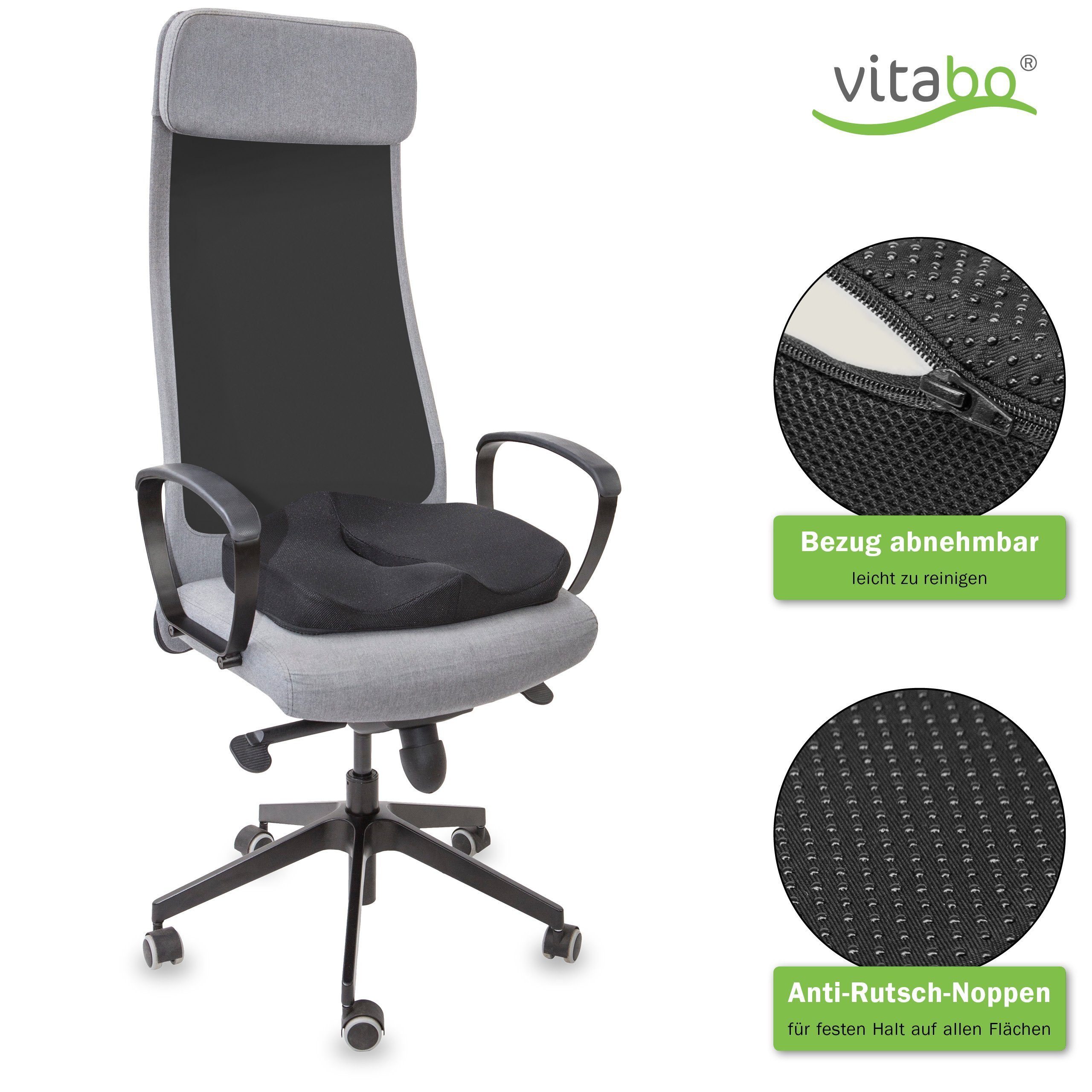 O-Form Steißbeinkissen Memory-Funktion schwarz ergonomisch geformtes I Vitabo Sitzdonut Vitabo mit in Sitzkissen aus Sitzring I Viscoschaum