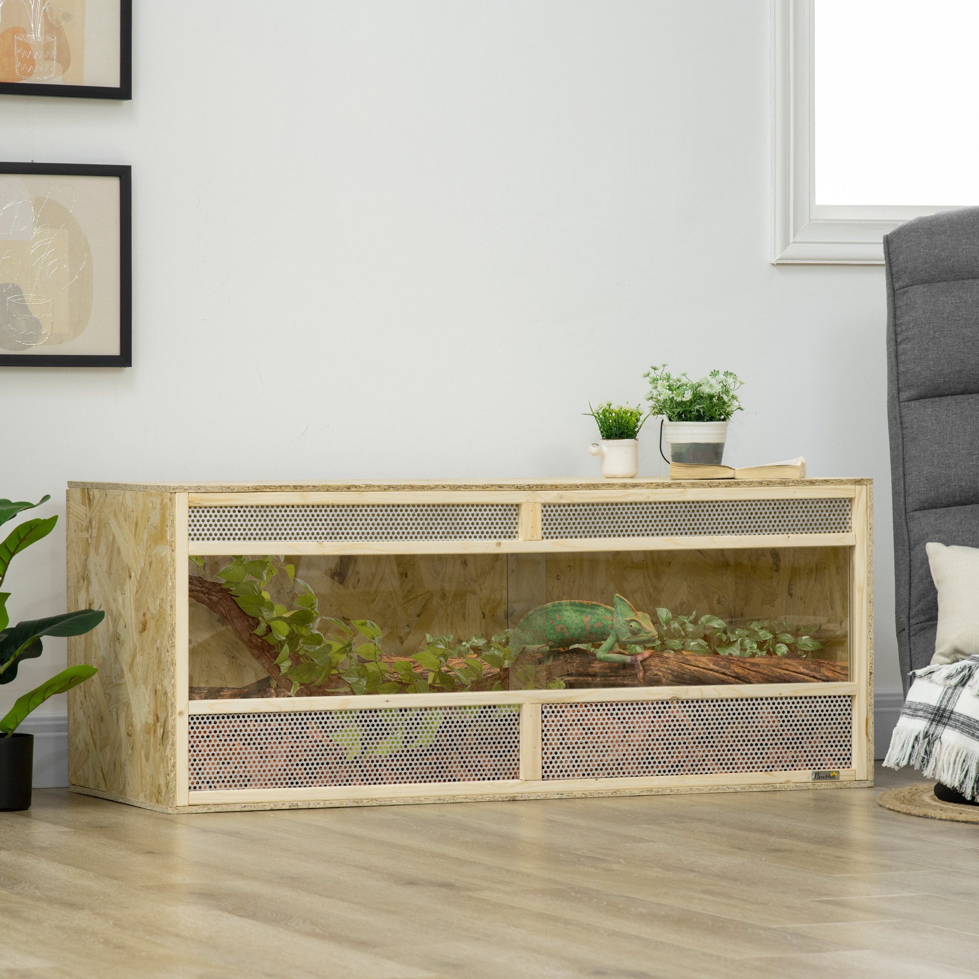 PawHut Terrarium Glas Terrarium mit Lüftungsgitter Fütterungsbox mit Schiebetüren, für Reptilien, Natur