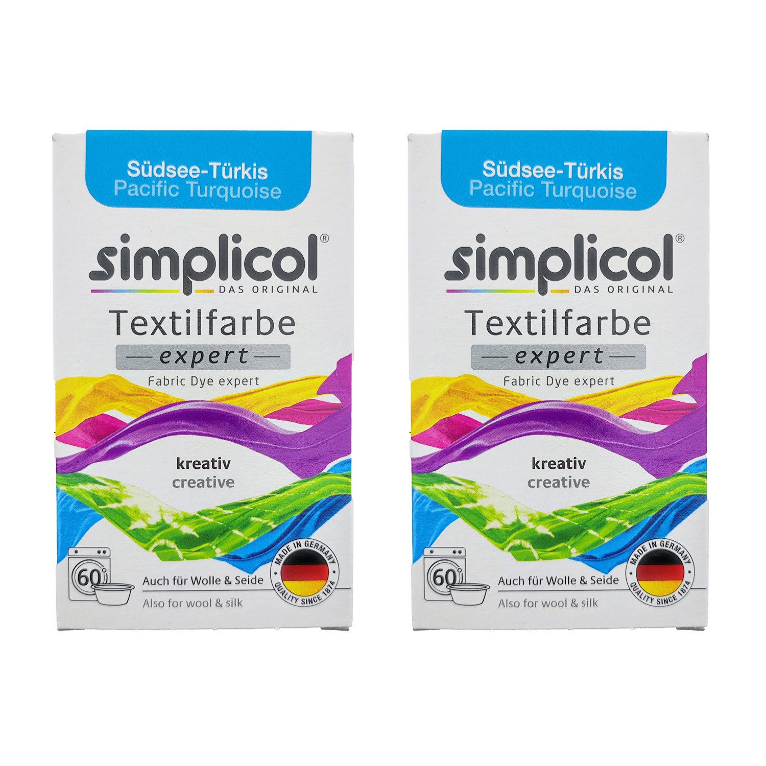 simplicol Textilfarbe Textilfarbe Expert Südsee-Türkis 2er Pack 150g Stofffarbe Färbemittel, Farberneuerung Textilfärbemittel Farbauffrischung Farbmischung Batik
