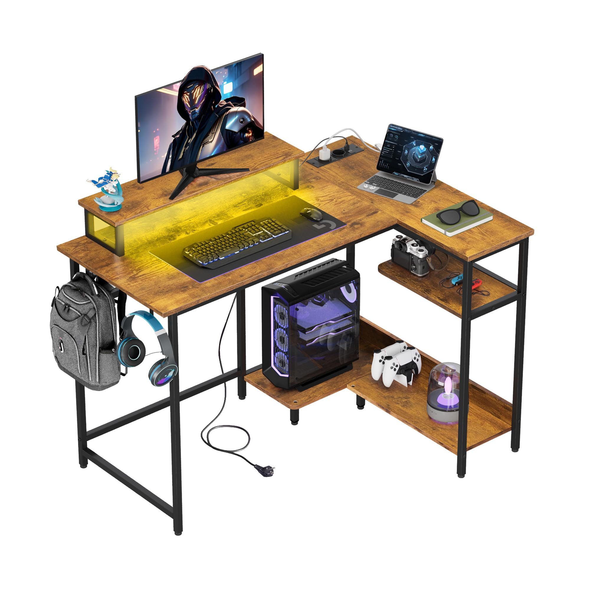 DEVAISE Computertisch Gamingtisch 111/120/140 x 80 cm Computertisch, L-förmiger Schreibtisch (Packung, Tablett mit Ständer), Computertisch mit LED, 2 USB und 2 AC-Steckdosen, für Büro