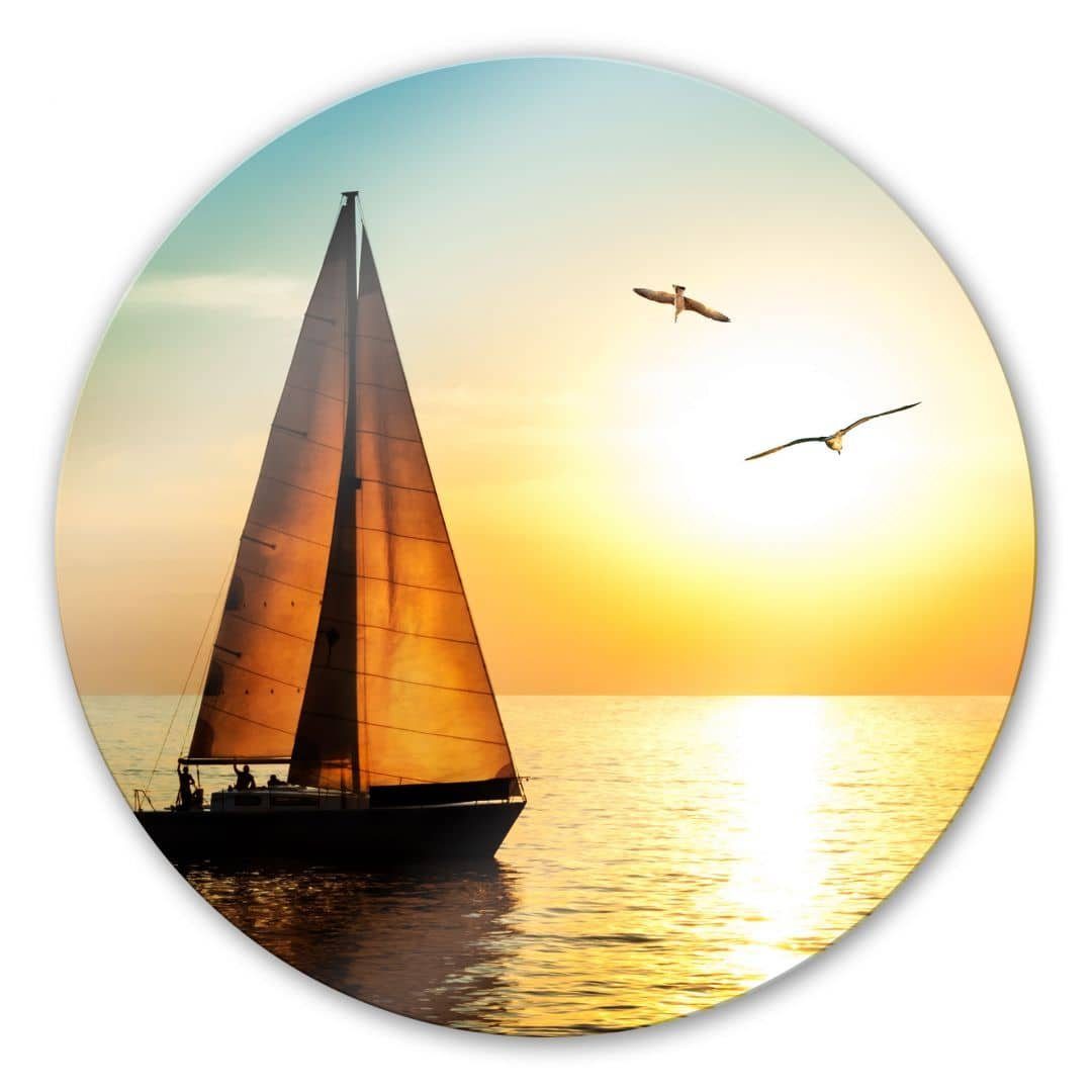 K&L Wall Art Glasbild Glas Wandbild Rund Glasbild Segelboot Panorama Sonnenuntergang, Wandschutz Deko Bilder