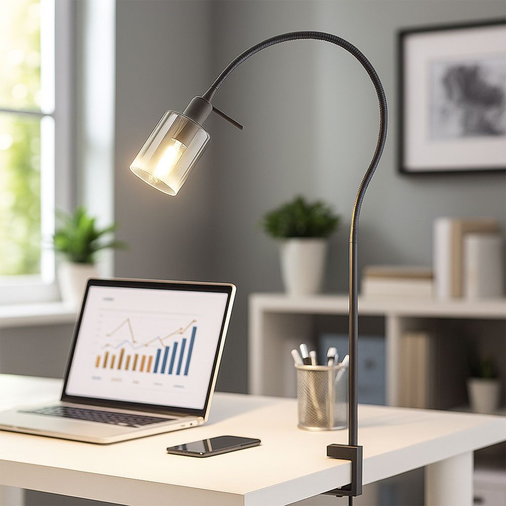 FISCHER & HONSEL Klemmleuchte, Leuchtmittel nicht inklusive, Klemmleuchte Tischlampe Lesespot E14 Rauchglas schwarz Flexhals Metall