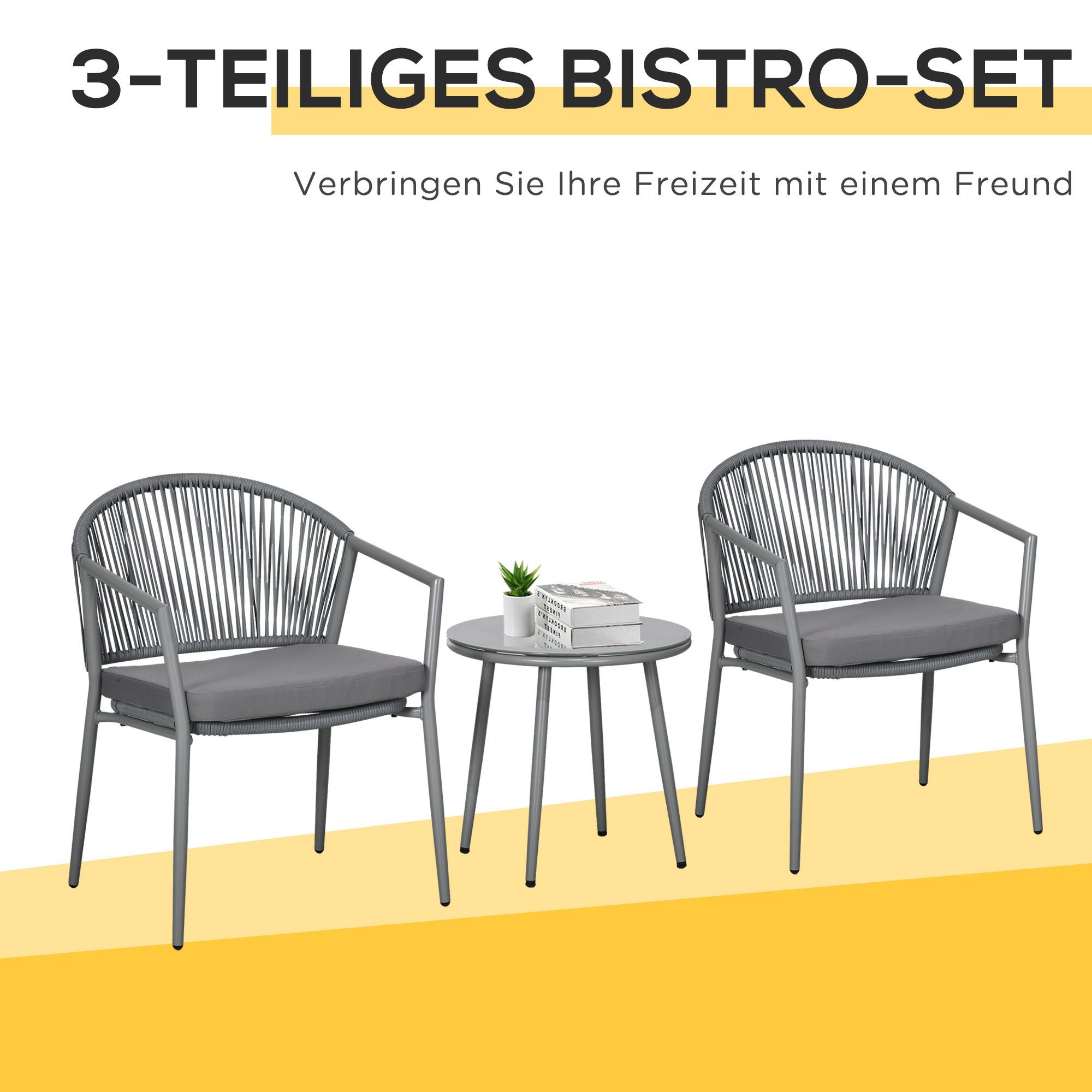 Outsunny Sitzgruppe Rattan Bistroset mit 2 Gartensesseln und Couchtisch, (Sitzgarnitur, 3-tlg., Balkonmöbel-Set), für Garten, Terrasse, Stahl, Grau – Bild 4 von 5