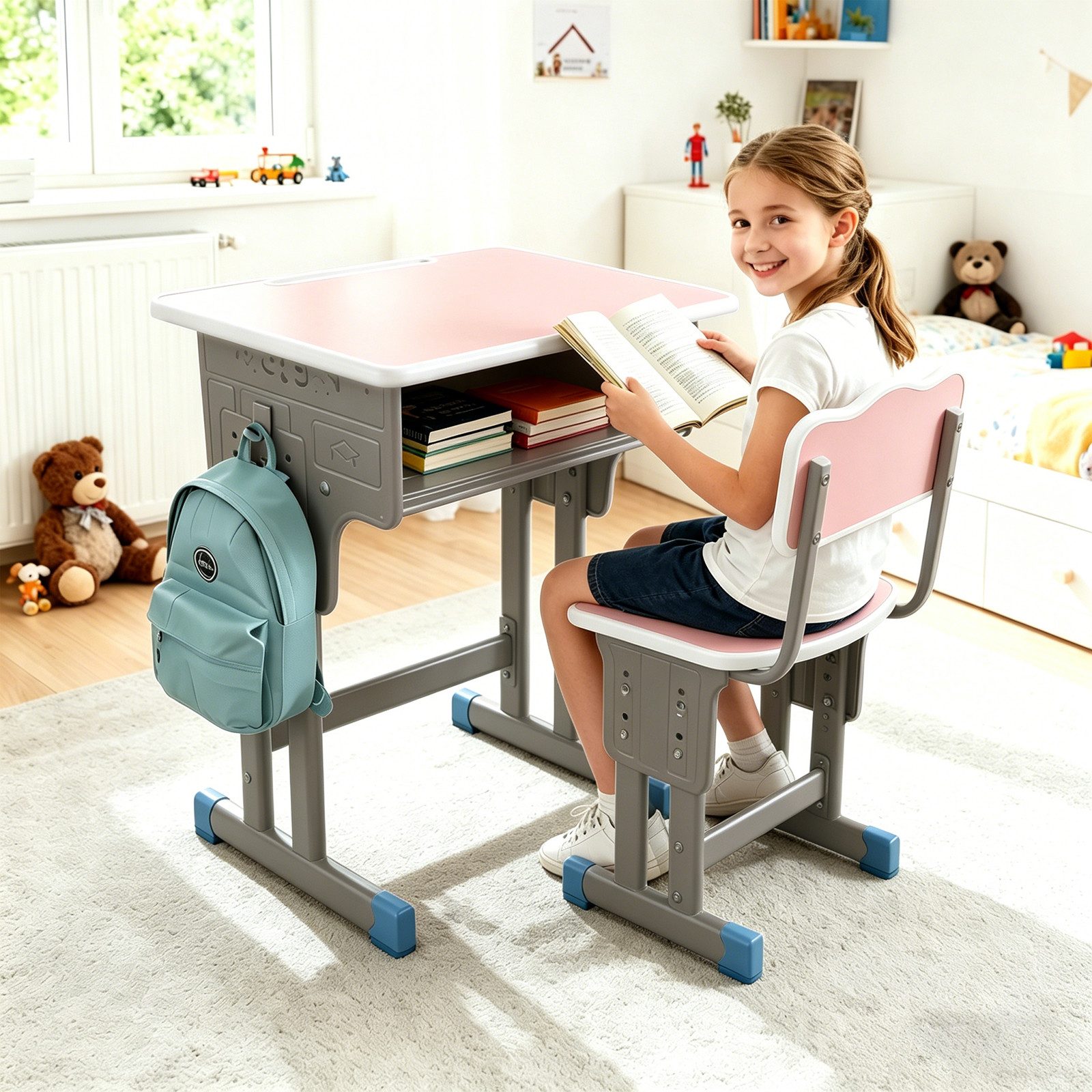 BBG Kinderschreibtisch Höhenverstellbares Kinder Schreibtisch Set mit Stuhl (Ergonomischer Lerntisch 60x40 cm, 4-Stufen Höhenverstellung, Ein Tisch, ein Stuhl), Anti-Rutsch Füße, Schulmöbel für Kinder ab 3 Jahren