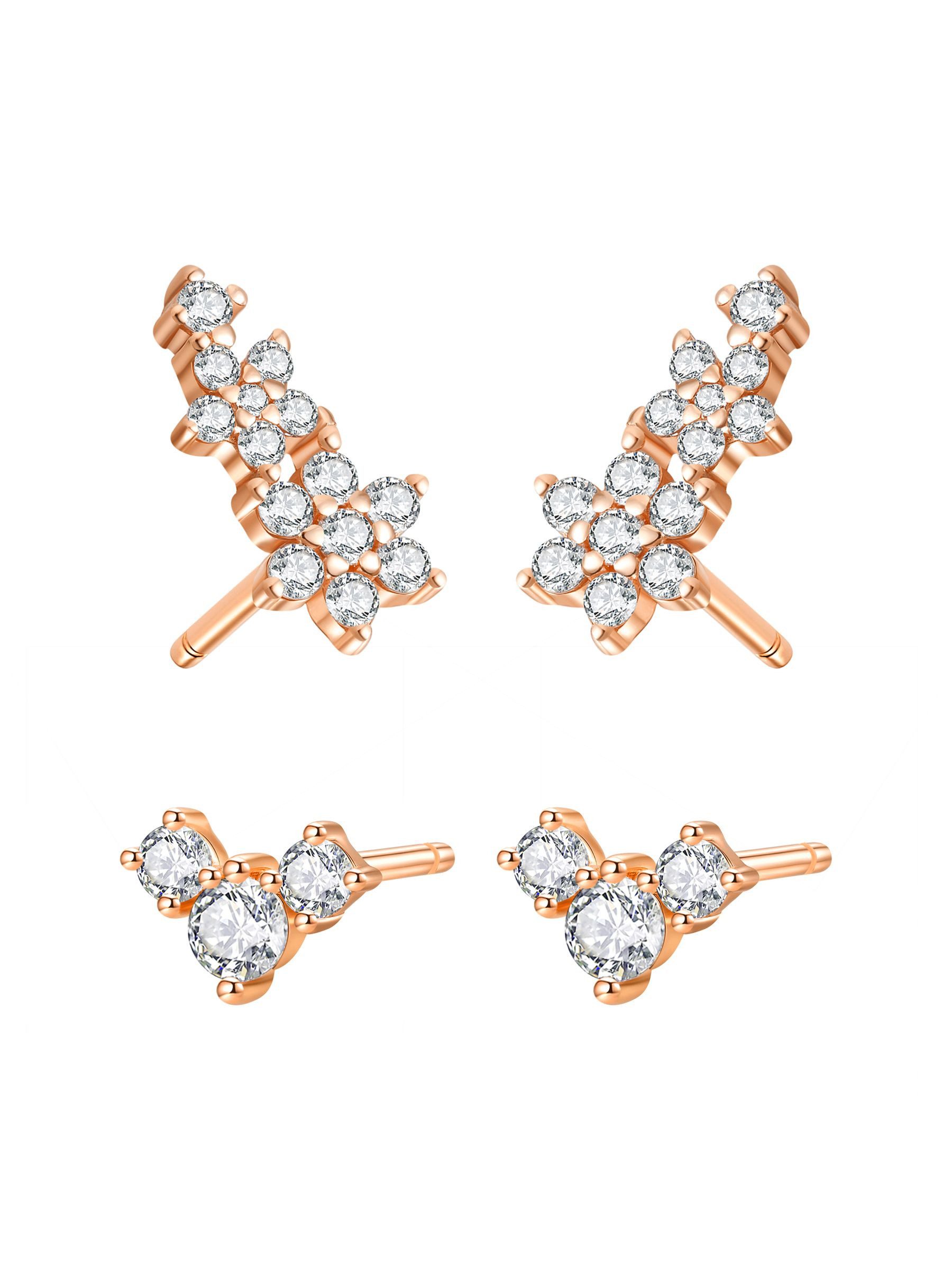 Hey Happiness Ohrstecker-Set Funkelnde Blumen, 4-teiliges Ohrring-Set, Blumen Ohrringe Damen Schmuckset, 925 Silber Ohrstecker