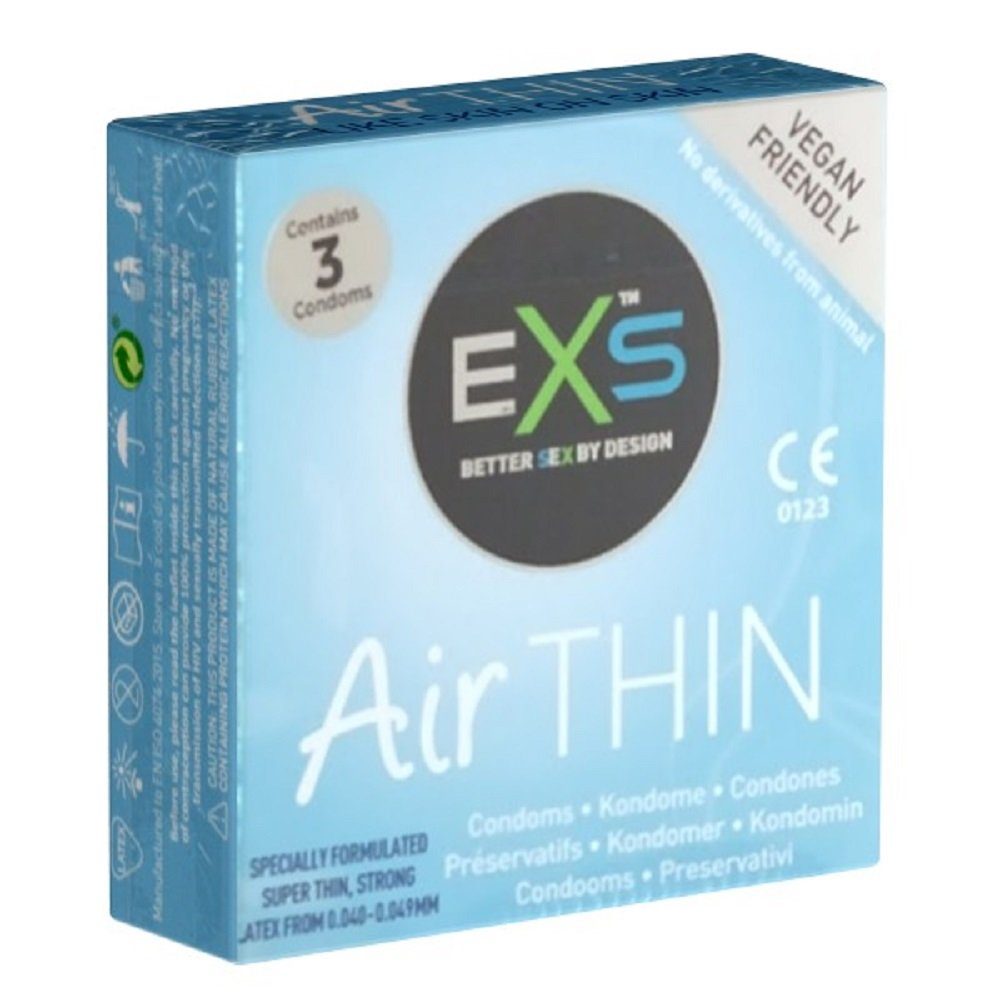 EXS Kondome Air Thin - extradünne Kondome für ein Gefühl wie ohne Kondom Packung mit, 3 St., extrem dünne und gefühlsechte Kondome, nur 0,04mm Wandstärke, ein Hauch von Nichts bei maximalen Schutz