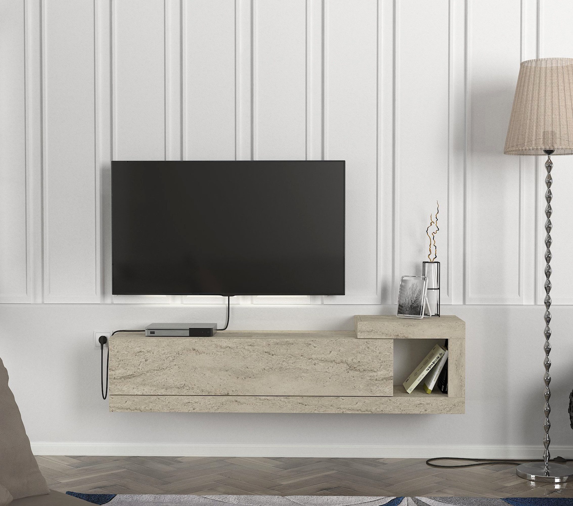 moebel17 Lowboard TV Lowboard Bliss, TV Schrank, Wandmontierte TV-Regale Mit Tür (Einzelmöbel, 1 St., Besteht aus 1 TV Lowboard), Pflegeleichte Oberfläche, Granitoptik