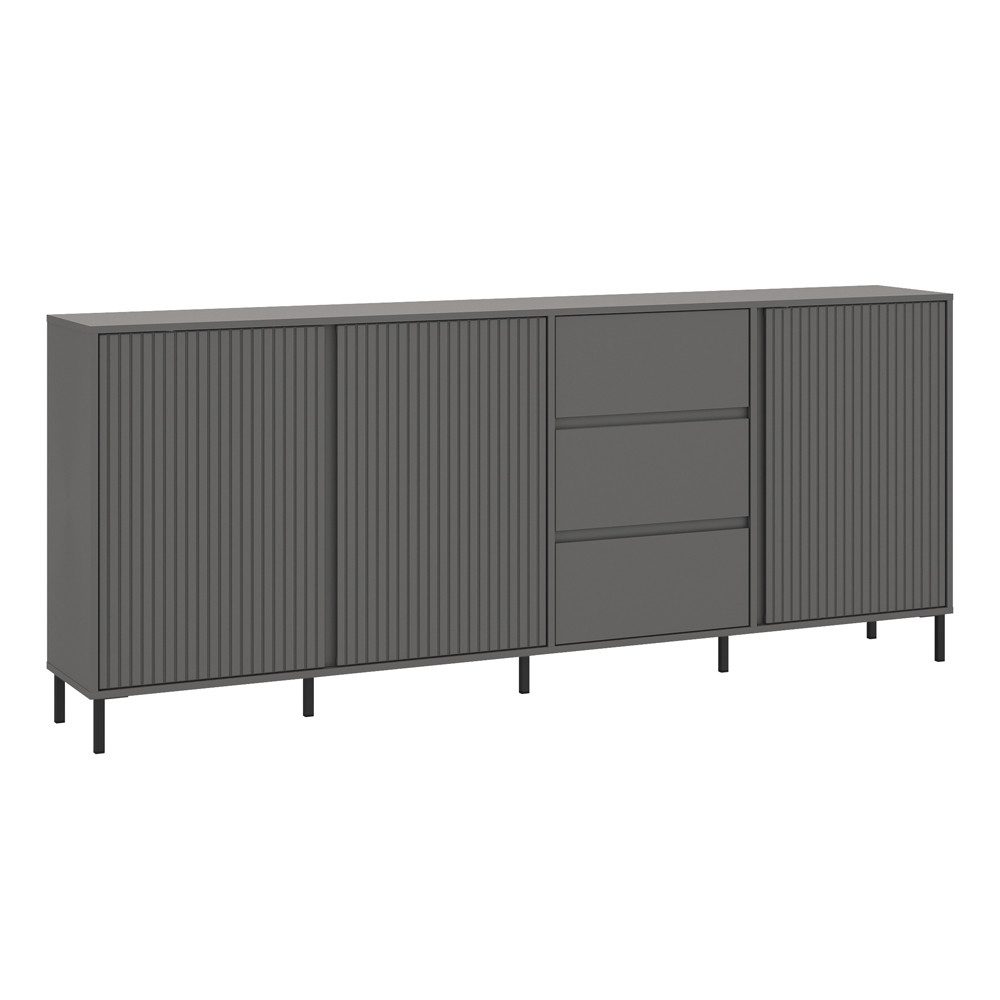 Lomadox Sideboard AMELIA-129, Kommode 212 cm anthrazit mit Rillen 3 Türen 3 Schubladen