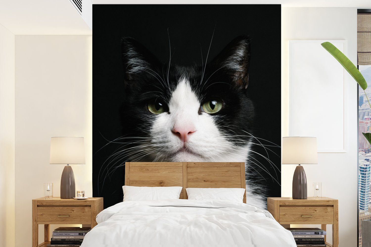 Schwarz St), (4 Tapete bedruckt, Weiß, - Wohnzimmer, Vinyl für Katze MuchoWow Montagefertig Fototapete - Matt, Wandtapete