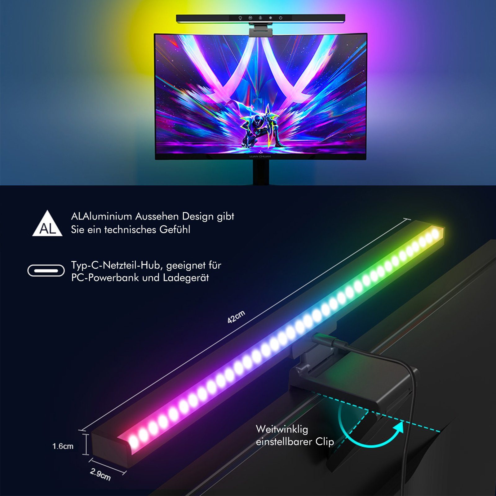 Lichtleiste RGB Farbtemperatur Lampe, Control, USB Schreibtischlampe einstellbarem Helligkeit Touch Bildschirmlampe Computer LED Monitor Dimmbar, mit Sunicol