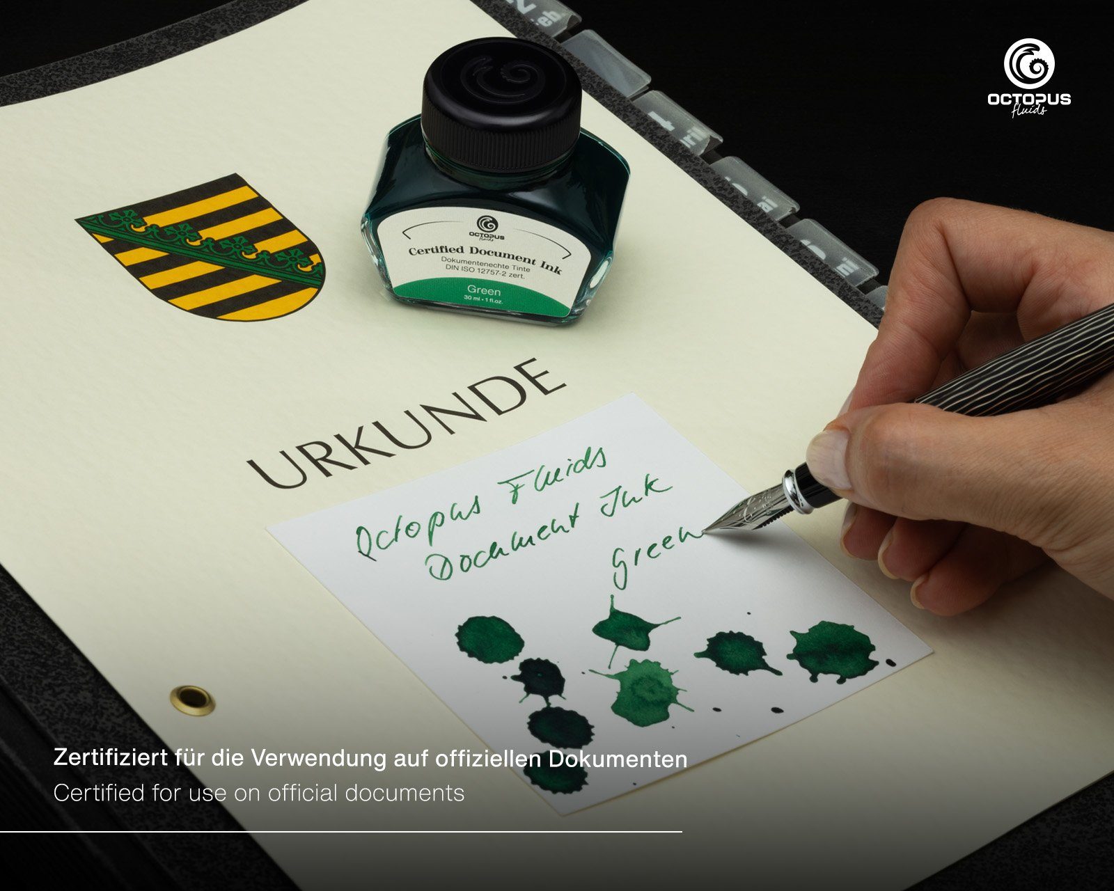 OCTOPUS Fluids Document Ink green, dokumentenechte Tinte, DIN ISO 12757-2, 30ml Tintenglas (30 ml, 1-tlg., pigmentiert)