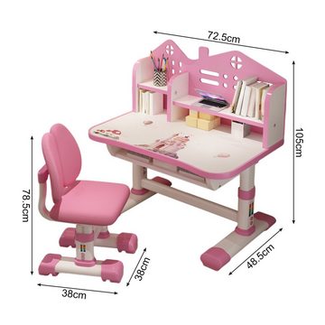 Rutaqian Kinderschreibtisch Kinder-Schreibtisch- und Stuhl-Set,höhenverstellbar Mit Cartoon-Muster (Ergonomischer Schreibtisch-Stuhl Set für Kinder Mädchen Jugend (Rosa), Zwei -Stück -Anzug), Multifunktionsschreibtisch mit Aufbewahrungsschublade