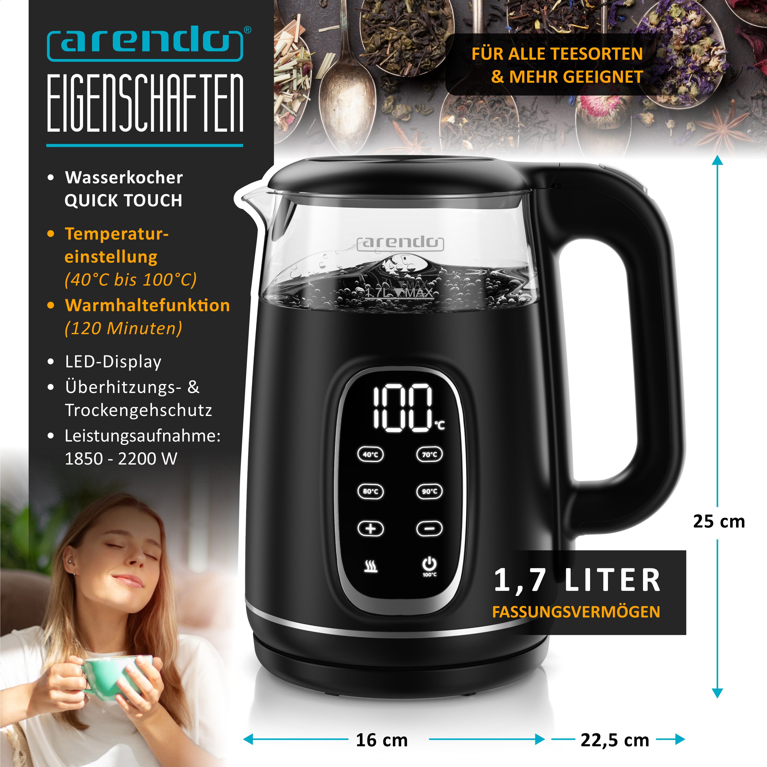 Arendo Wasserkocher Glas & Edelstahl, Temperatureinstellung 40°–100°C, Anzeige, Doppelwand, 1,7 l, 2200 W, Echtzeit‑Temperaturanzeige, 5°C‑Schritte, Warmhalten 120 min, BPA‑frei