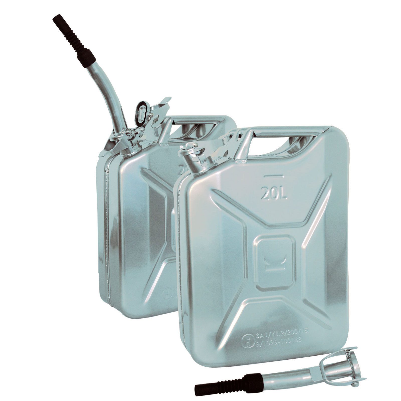 TRUTZHOLM Kanister 2x Metallkanister silber 20Liter inkl. Ausgießer + Halter Benzin (Set, 2 St), robust