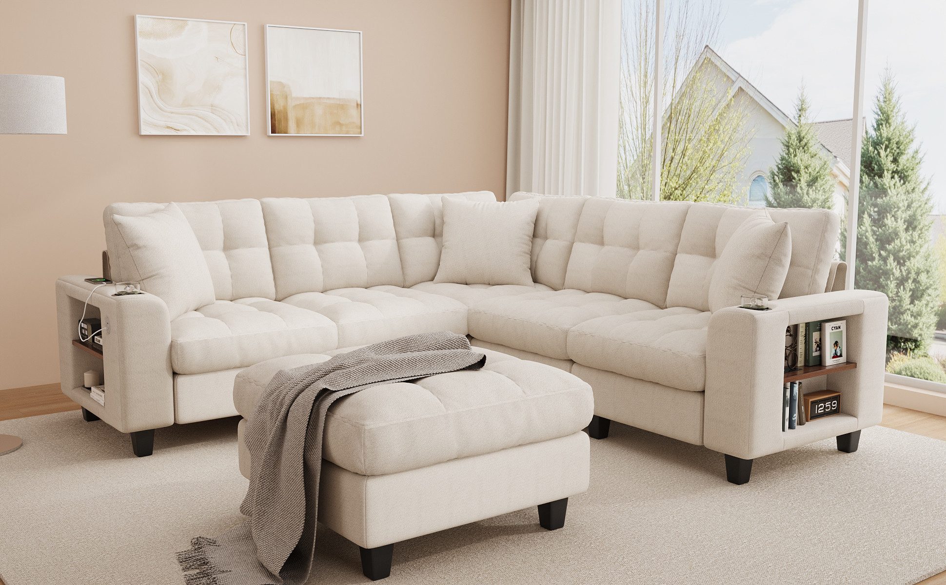 i@home Ecksofa U-förmiges XXL-Modulares Ecksofa, Set, 6-Sitzer Chenille-Sofa mit Bücherregal-Armlehnen