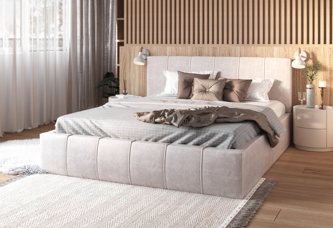 FDM Polsterbett FLORIDA Bettgestell 90x200, 120x200, 140x200, 160x200, 180x200cm (Polsterbett modern mit Bettkasten MADE IN EU - mit hochwertigem Velours Bezug, verfügbar 90x200 120x200 140x200 160x200 180x200cm, Bettrahmen, Bett, mit großen gepolsterten