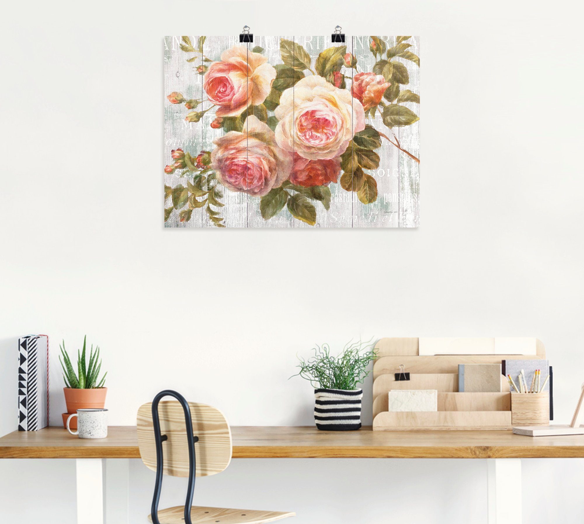Artland Wandbild Vintage Rosen auf Holz, Blumen (1 St), als Leinwandbild, Poster in verschied. Größen