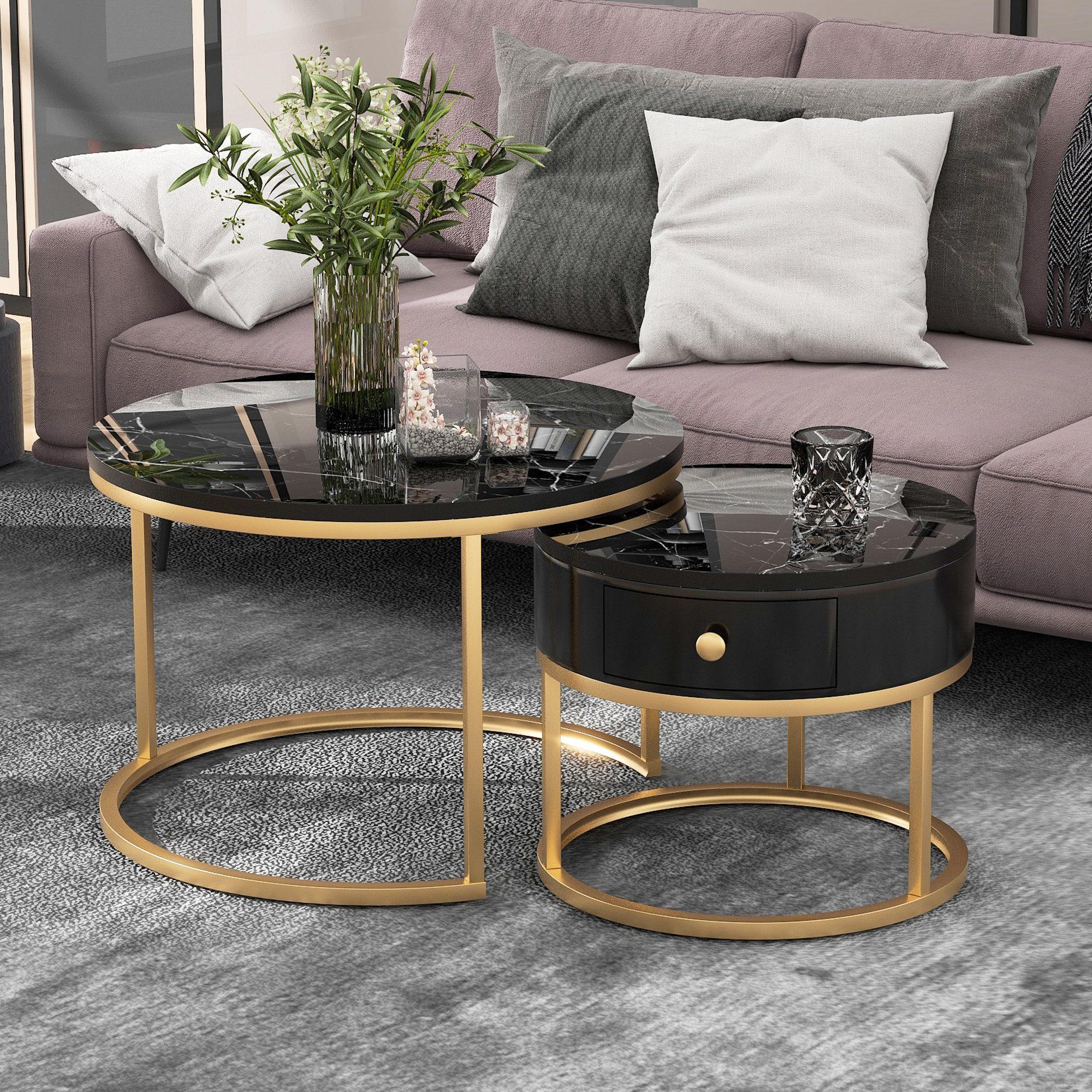 Merax Couchtisch Set rund Satztisch Wohnzimmertisch 1,5 cm Platte, hochglanz Marmoroptik aus Holz mit goldem Metallbeine