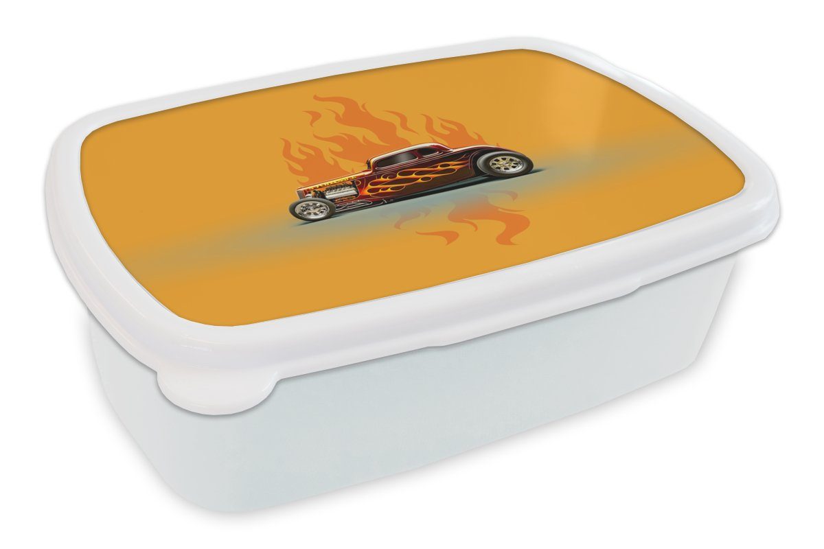 MuchoWow Lunchbox Auto - Flammen - Rot - Vintage, Kunststoff, (2-tlg), Brotbox für Kinder und Erwachsene, Brotdose, für Jungs und Mädchen weiß