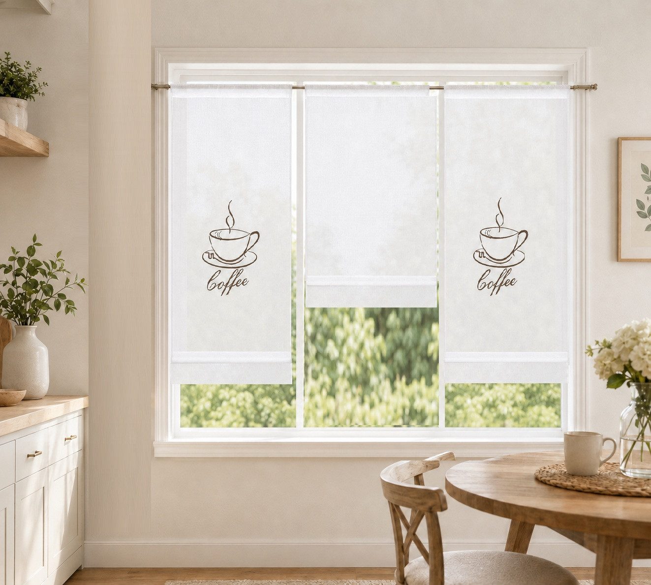 Clever-Kauf-24 Scheibengardine Design Mini Flächenvorhang Set weiß bestickt Kaffee 4057-01 (3 St), Stangendurchzug, transparent, bestickt