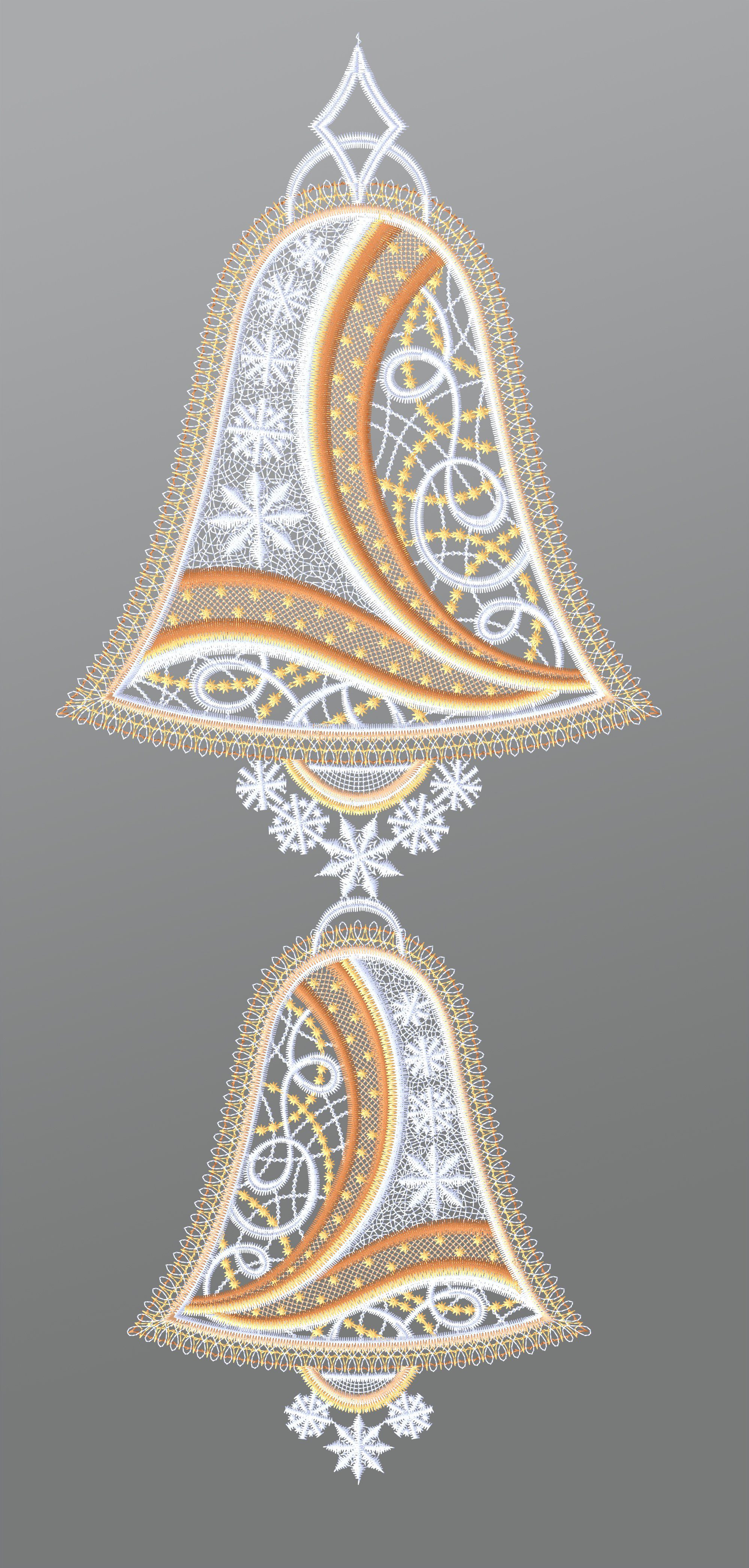 Plauener Spitze® Fensterbild Weihnachtsglocken mit Schneeflocken, HxB  44x18cm