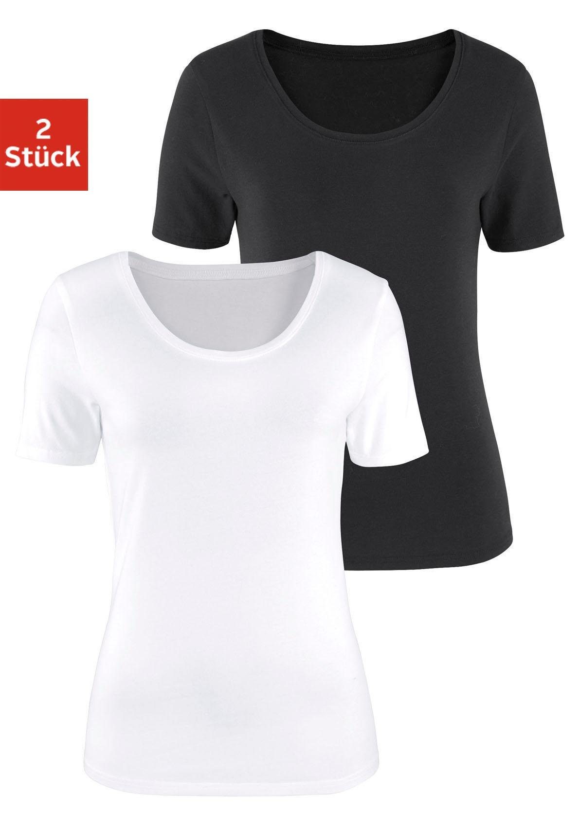 Vivance Kurzarmshirt (2er-Pack) aus weiß elastischer Baumwoll-Qualität schwarz