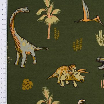 SCHÖNER LEBEN. Stoff French Terry Sommersweat Dinosaurier Blätter Gräser grün beige grau, allergikergeeignet