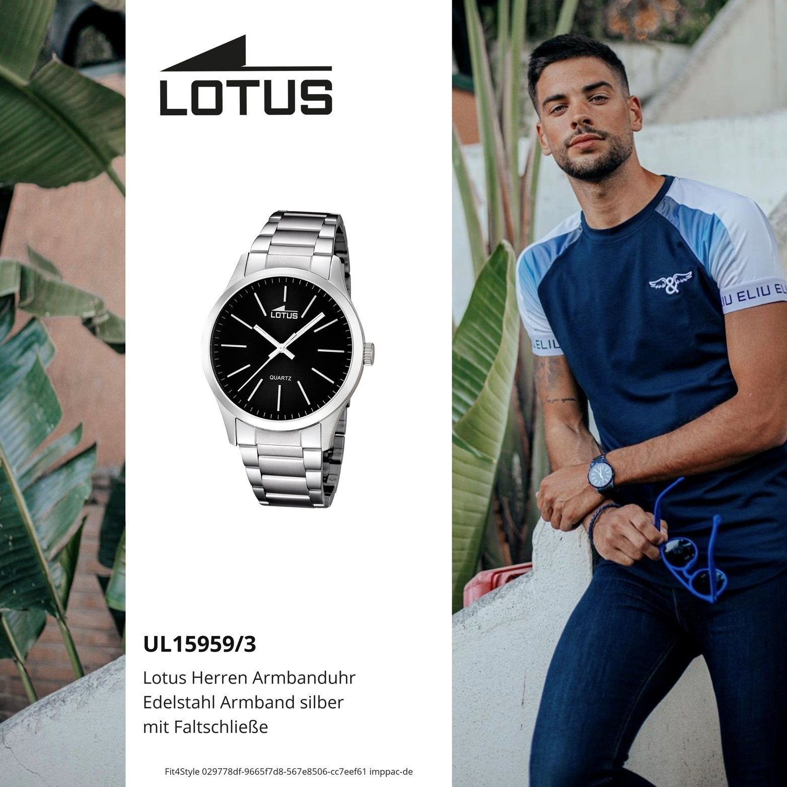groß L15959/3, (ca. rundes Lotus 45mm), Quarzuhr Stahl Gehäuse, mit Uhr Herrenuhr Herren Casua Edelstahlarmband, Lotus