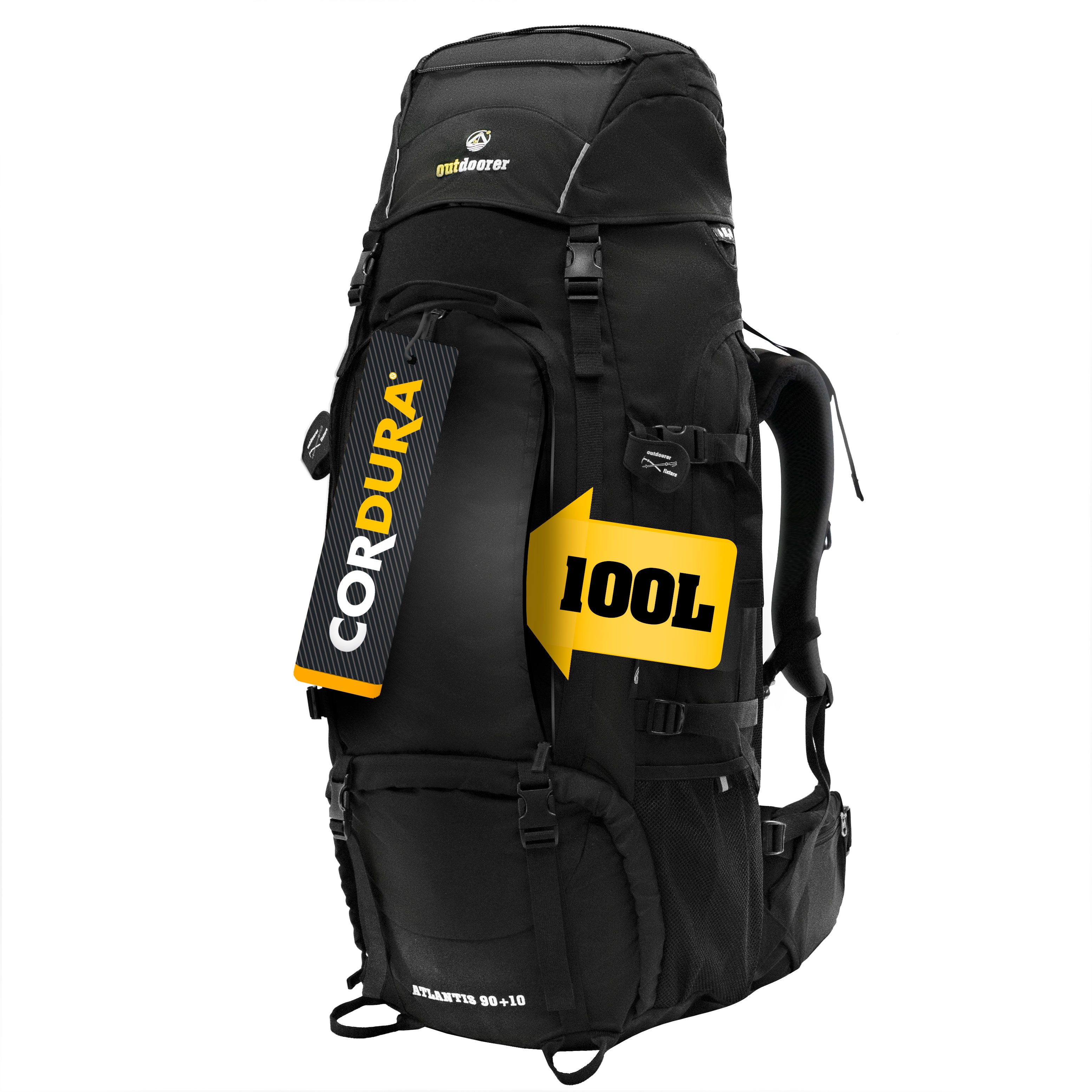 outdoorer Reiserucksack Atlantis 90+10 schwarz für Weltreisen & Backpacking, Großer Rucksack mit Frontzugang, 100 L, verstellbar, aus Cordura