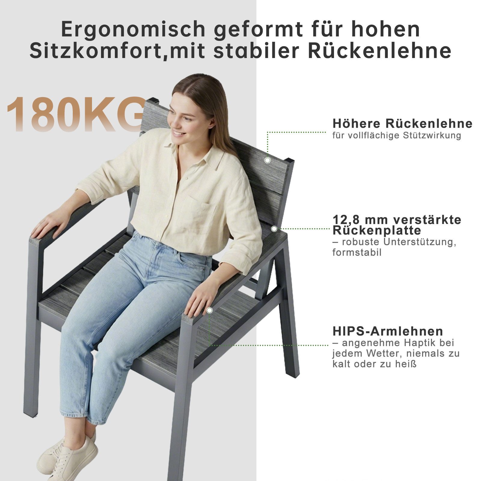 HOMALL Gartenstuhl Stapelbar Aluminium Gartensessel Wetterfest, max Belastung 180kg (Set, 4 St), Korrosionsbeständigkeit, verstärkter Alu-Outdoorstuhl – Bild 5 von 5