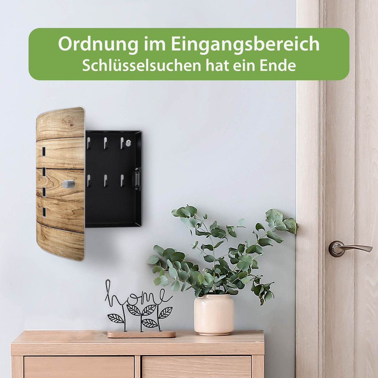 banjado Schlüsselkasten Edelstahl mit Motiv Holzplanken (verstellbarer Magnetverschluss, mit 10 Haken, gebogene Tür, einstellbarer Magnet), 24 x 21,5 x 7 cm