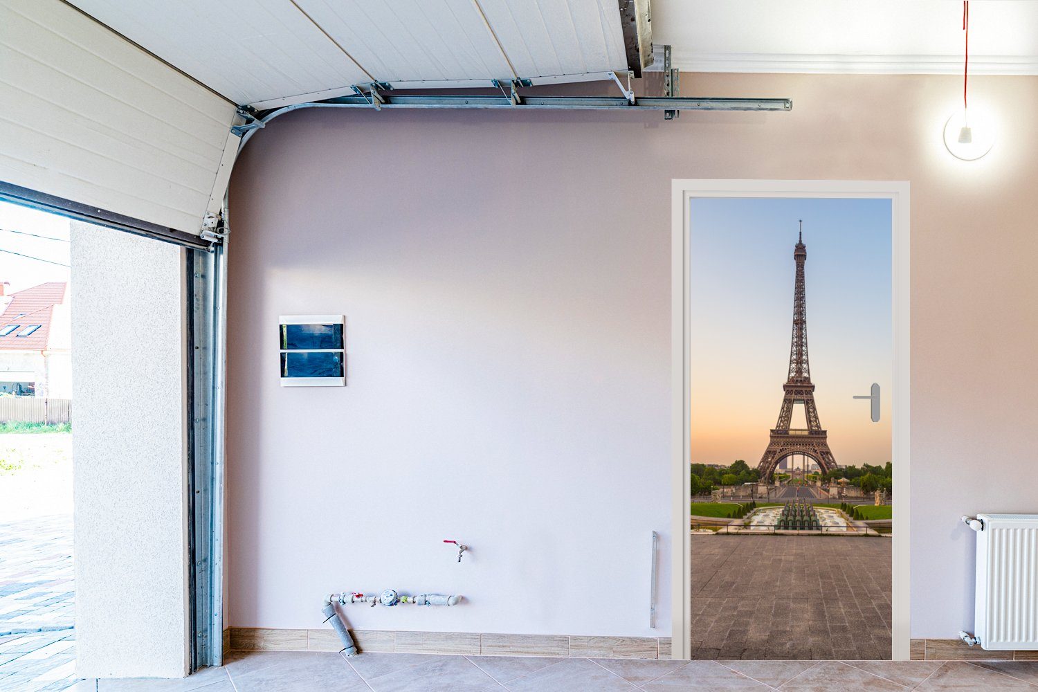 St), Tür, MuchoWow - bedruckt, Eiffelturm 75x205 cm Sonnenaufgang, Fototapete Türtapete für Paris Matt, - Türaufkleber, (1
