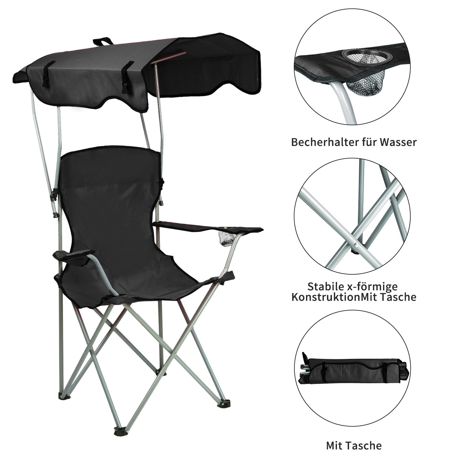 JEOBEST Campingstuhl Klappstühle mit Dach, Luxus Anglerstuhl, (Stück, 1 St), Klappstuhl mit Armlehnen und Getränkehalter
